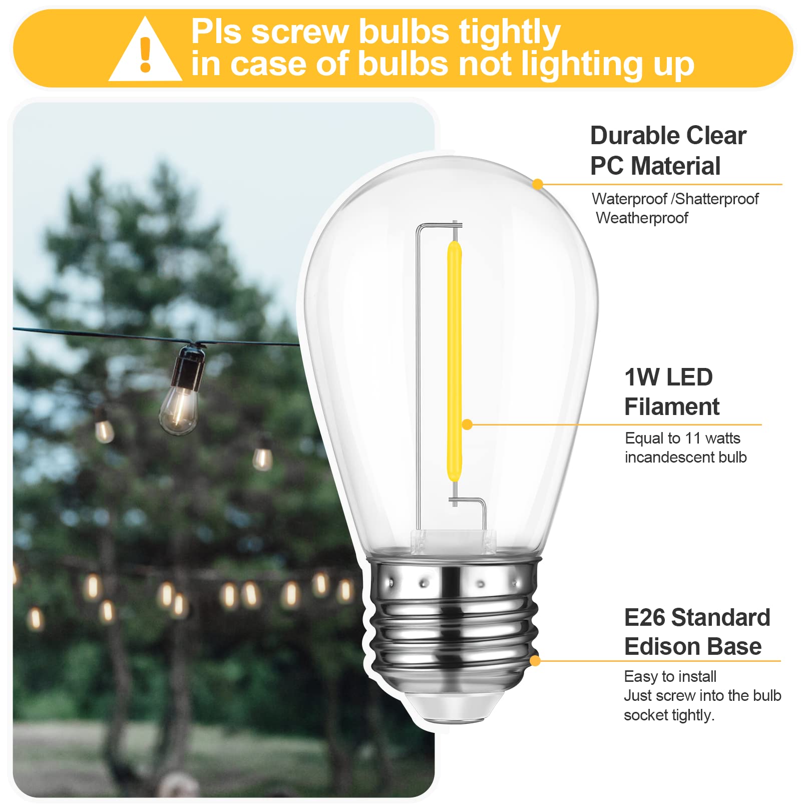 Mlambert Led String Light Bulbs, Shatterproof Outdoor String S14 Replacement Light Bulbs 4000K, Waterproof 1W Led Edison Bulbs E