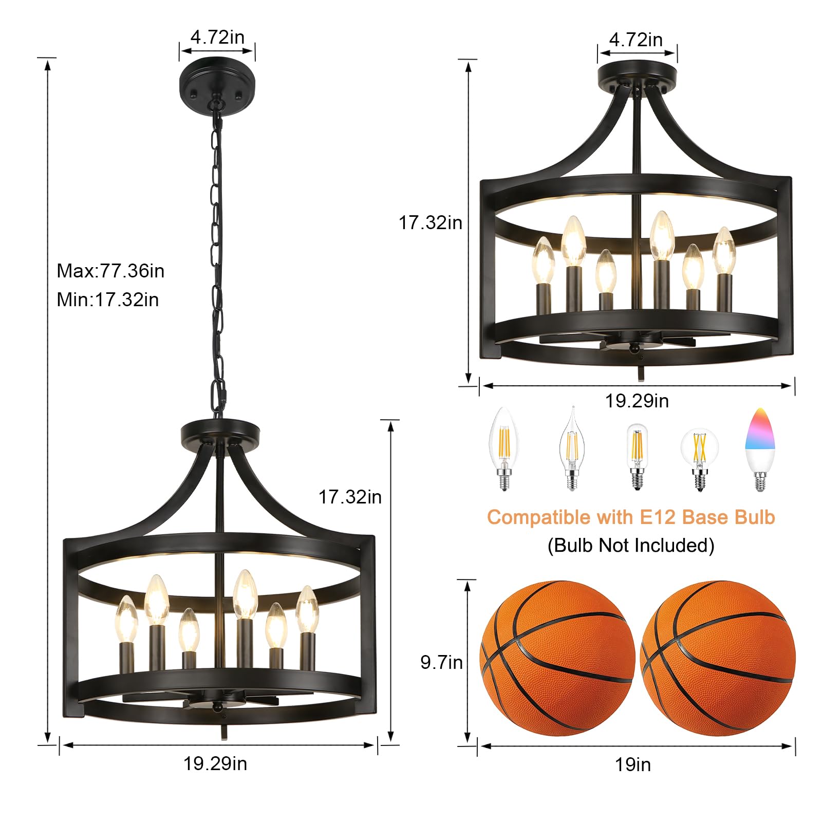 Lynpon 6 Lights Large Modern Farmhouse Chandelier, 19'' Convertible Semi Flush Mount Ceiling Light Fixture Hanging Light Rustic