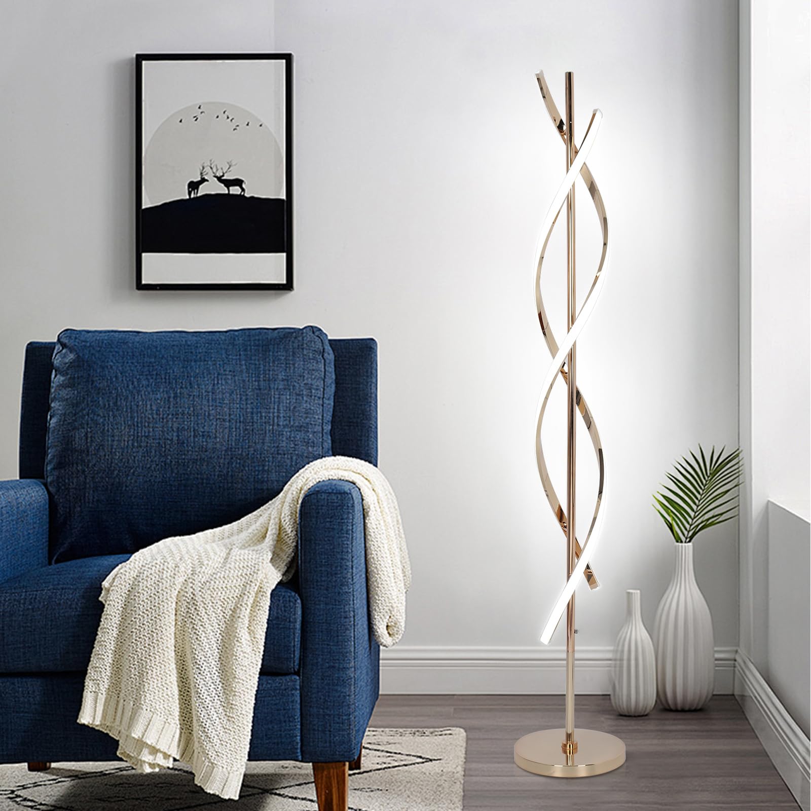 EIDEARAY LED Modern Floor Lamp, 40W Dimmable, Color-Changing, 60" Spiral Design, Gold, Model LDD-G1