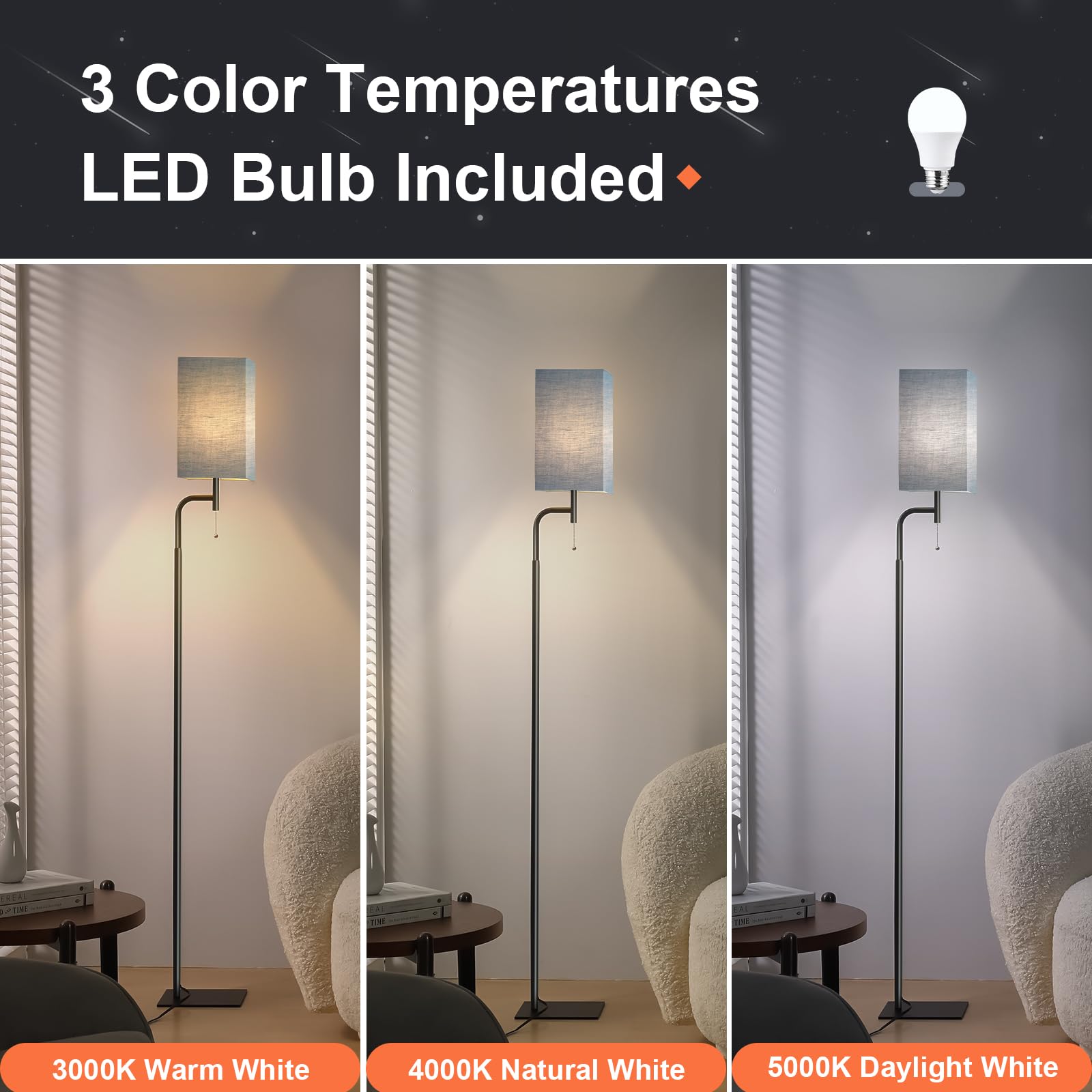 Iporovon Floor Lamp Modern Standing Lamp, 3 Color Temperatures, Metal, Blue, Model FL-230217-B