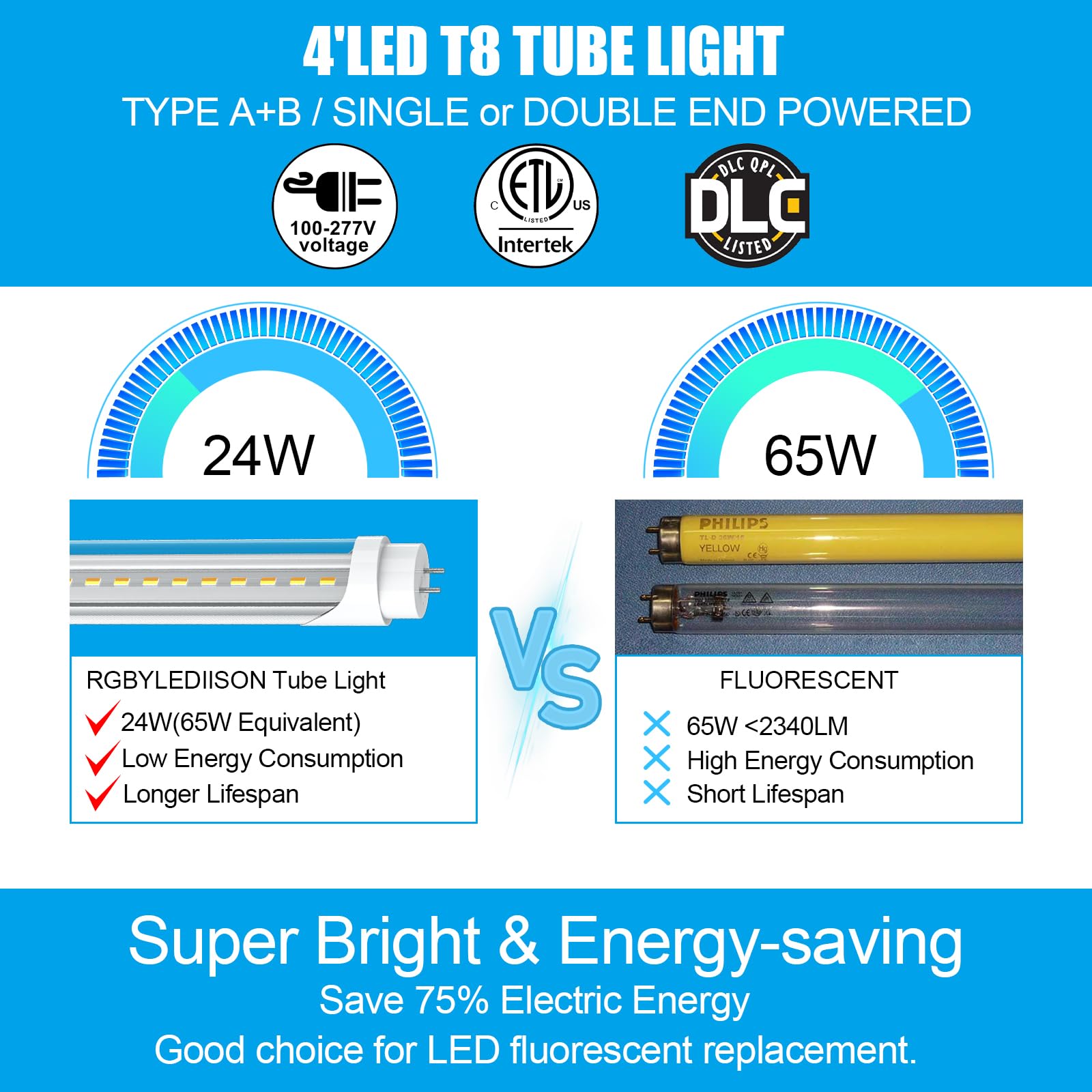 rgbylediison T8 T12 LED Bulbs 4FT 10W-24W Hybrid Clear 6 Pack, Aluminum, 3000K-6500K, Plug & Play/B