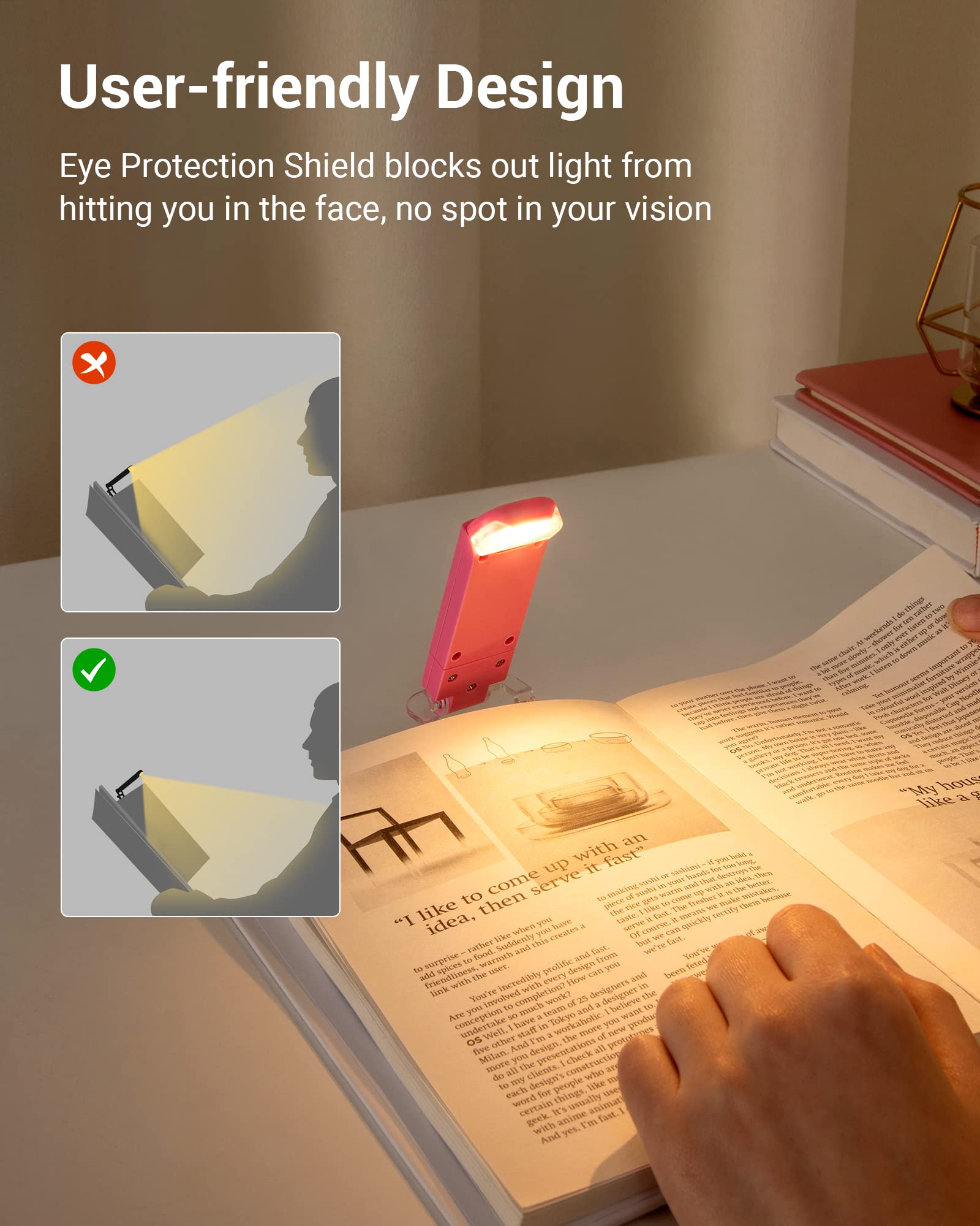DEWENWILS LED Book Light - USB Rechargeable, Brightness Adjustable, Pink Clip-On Reading Light for Kids and Bookworms