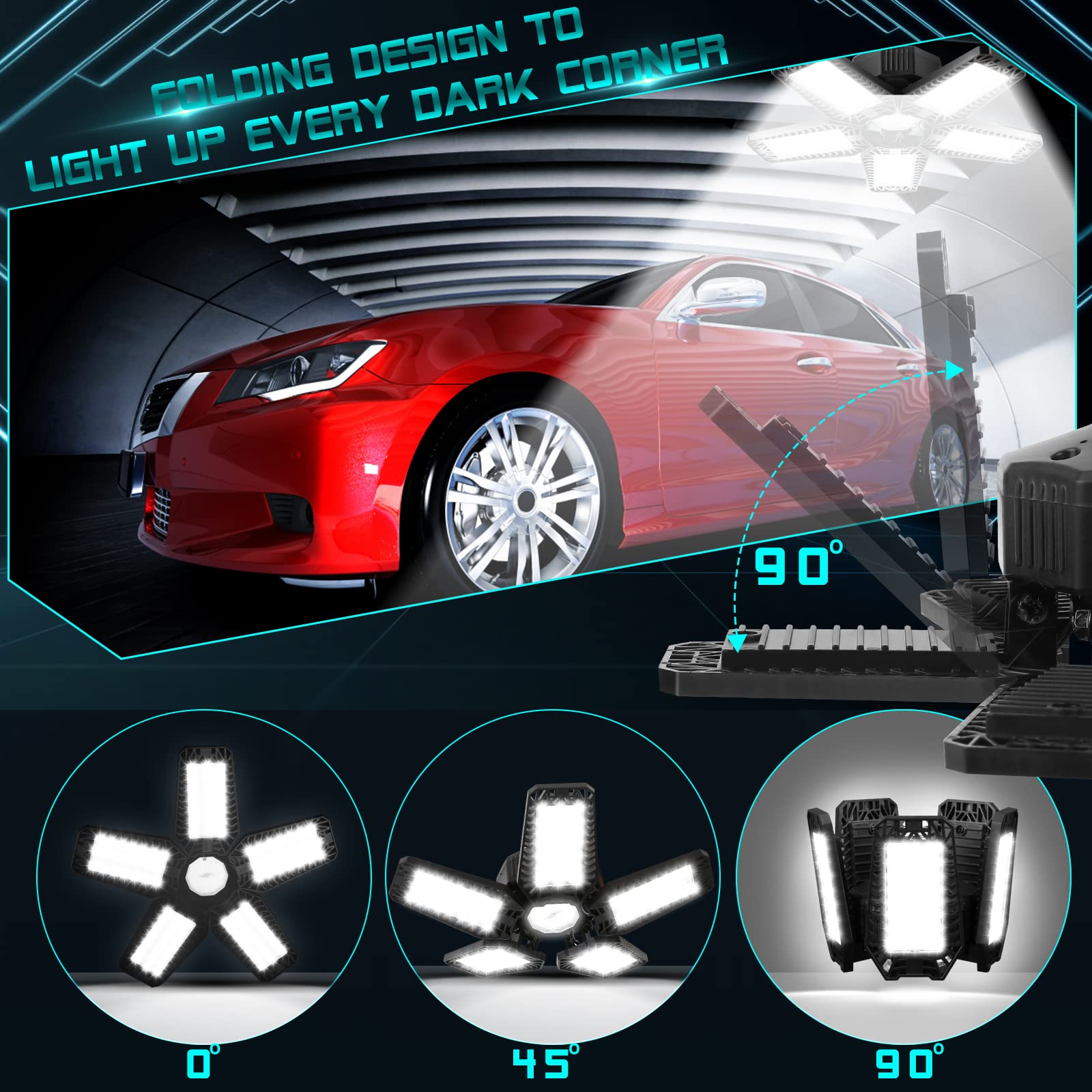 YIBEYYDS LED Garage Light 160W 16000LM 6500K Black Ceiling Light 5+1 Deformable Panels E26/E27 Model A1