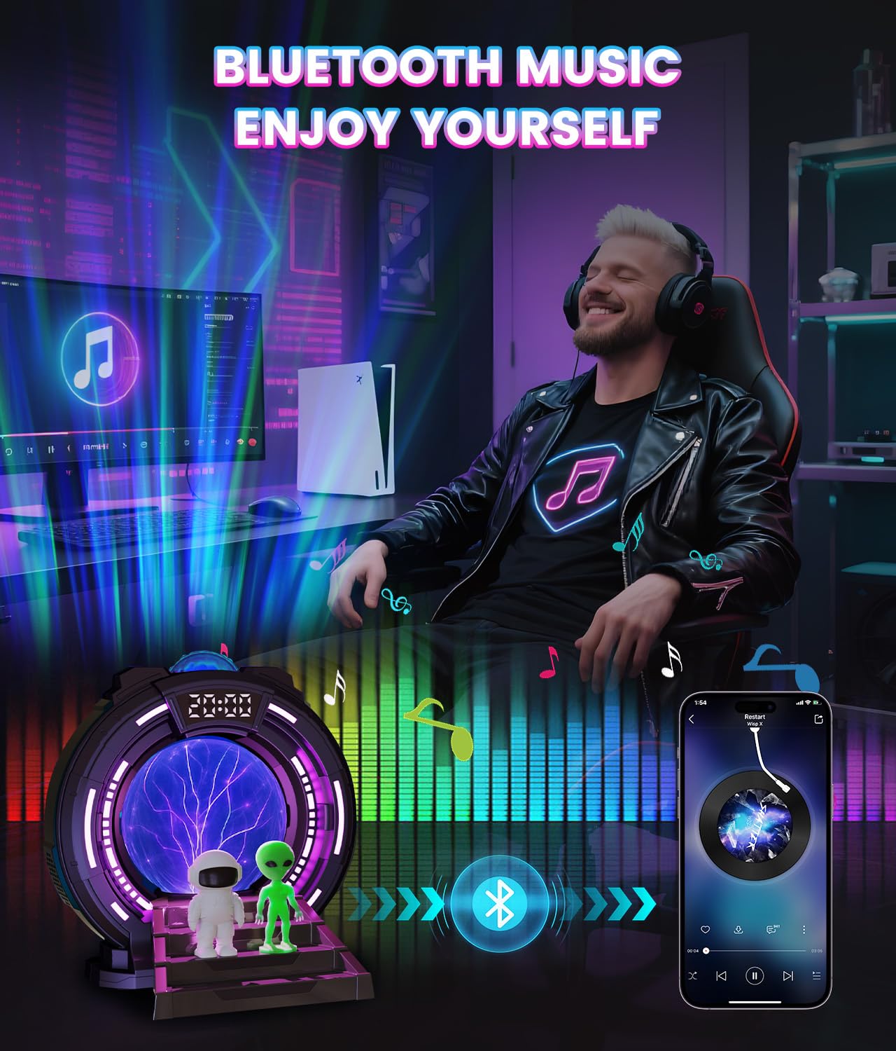 Northern Galaxy Light Projector with Plasma Ball,Remote Control LED Night Light Aurora Portal Projector with Bluetooth Speaker,