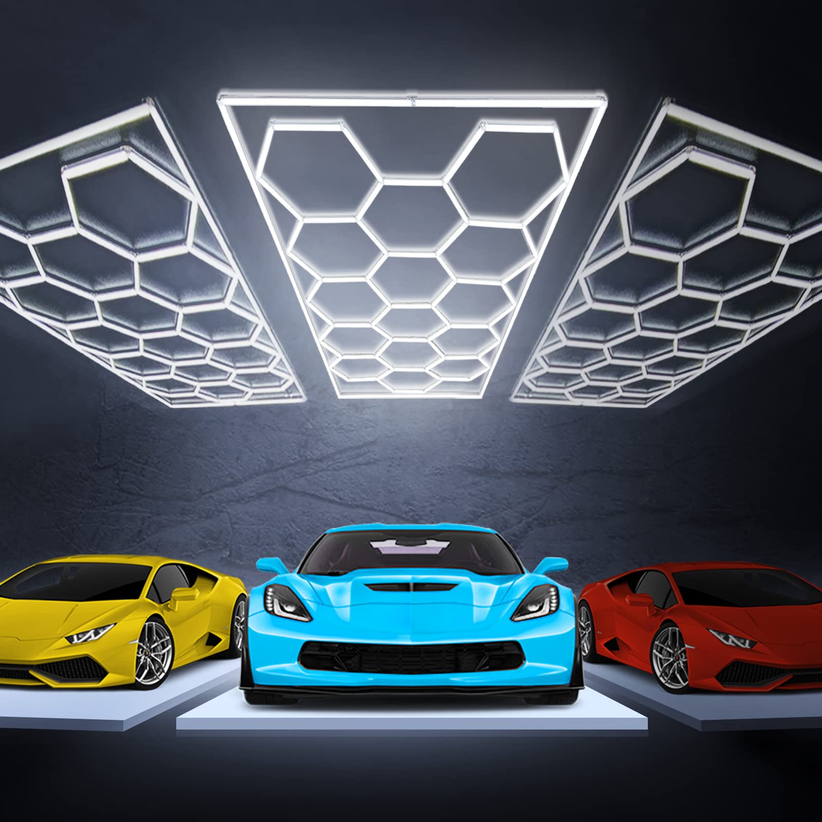 GOSLARLIT Hexagon LED Garage Lights 6500K Dimmable Adjustable Brightness Hexagon Gym Lights for Garage/Car Wash(15.88fts x 7.98fts)