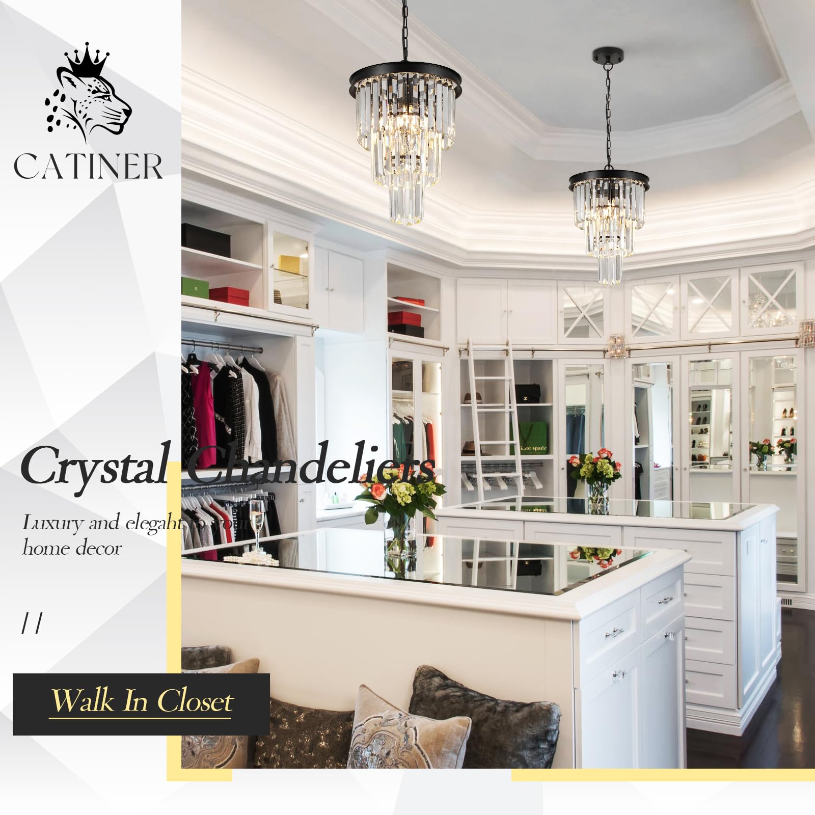 Catiner Black Crystal Pendant Light For Kitchen Island,Mini Crystal Chandeliers Modern For Dining Room,3 Tiers K9 Ceiling Pendan
