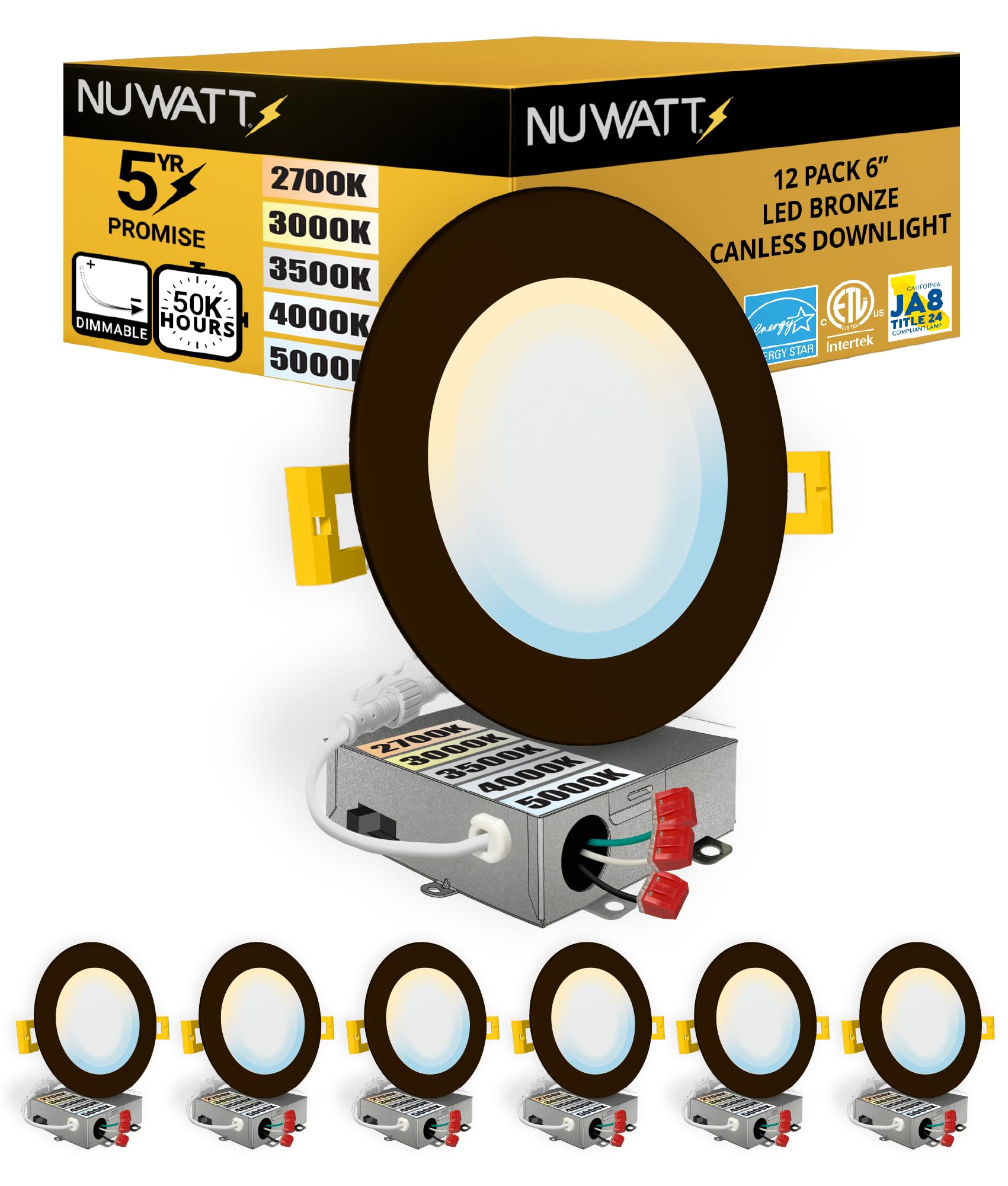 NUWATT 6 Pack, 6 Inch Ultra-Thin Bronze LED Recessed Lighting, 5CCT 2700K/3000K/3500K/4000K/5000K Selectable, 1050LM, 15W, IC Ra
