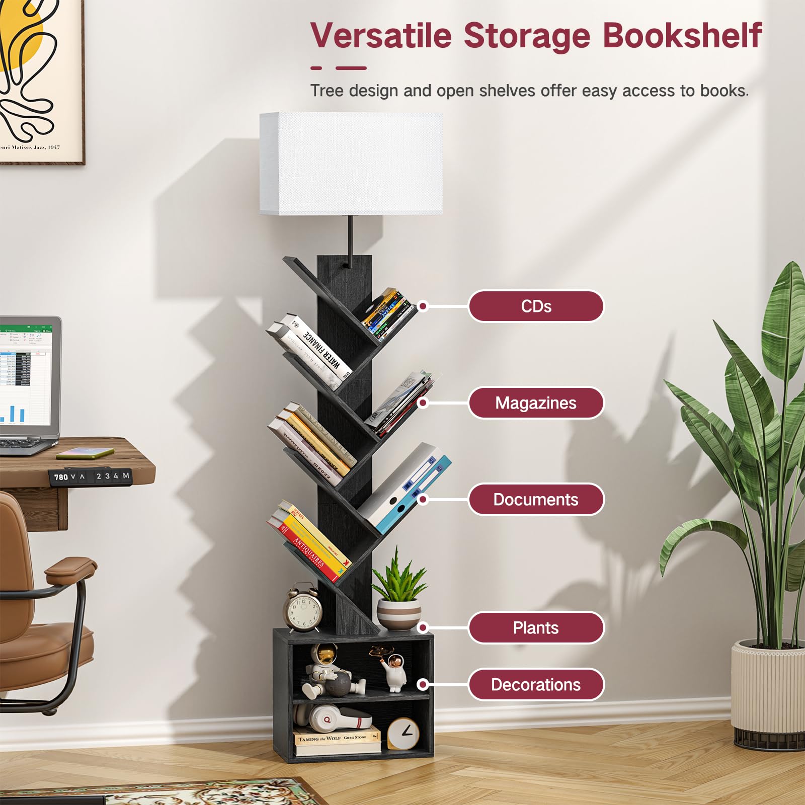 OUTONLIFE 9 Tier Tree Bookshelf with Light, Engineered Wood, 62.8in H x 14.6in L x 7.9in W, Black, Model