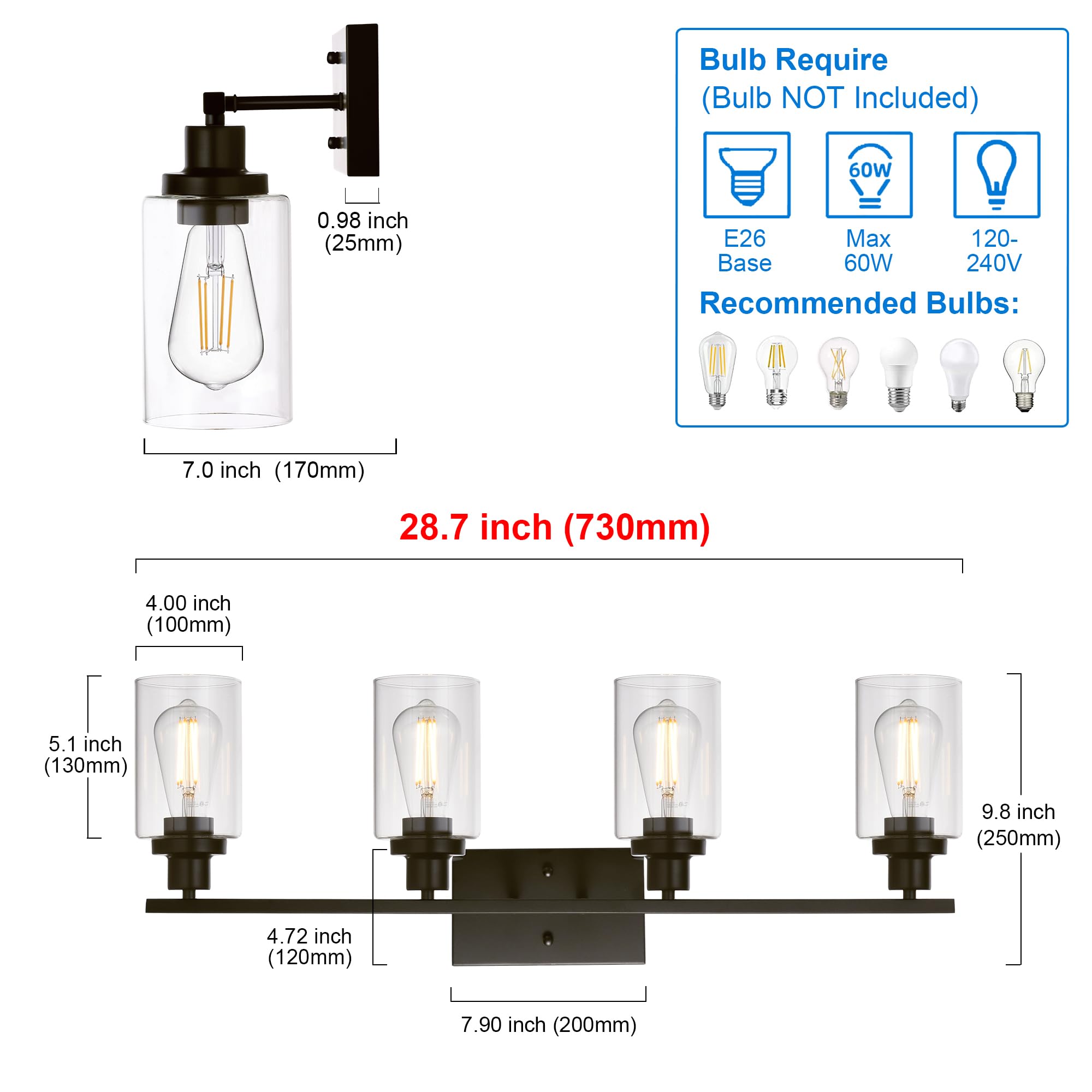 Melucee 4 Lights Wall Sconce Lighting Oil Rubbed Bronze Finished With Clear Glass, Bathroom Vanity Light Fixtures Wall Lights Be