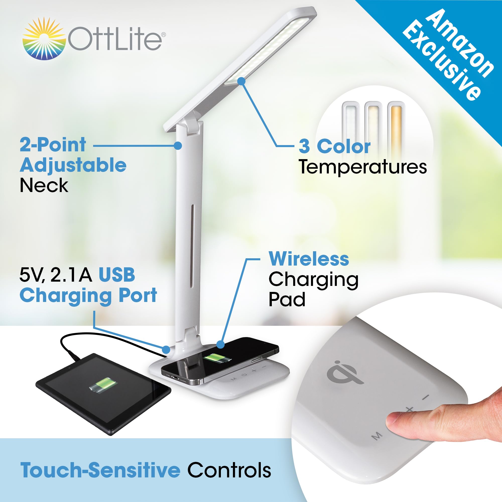 Ottlite Charge Up Led Desk Lamp With Wireless Qi Charging & Usb Charging Port, With Clearsun Led Technology - Adjustable Neck, 3