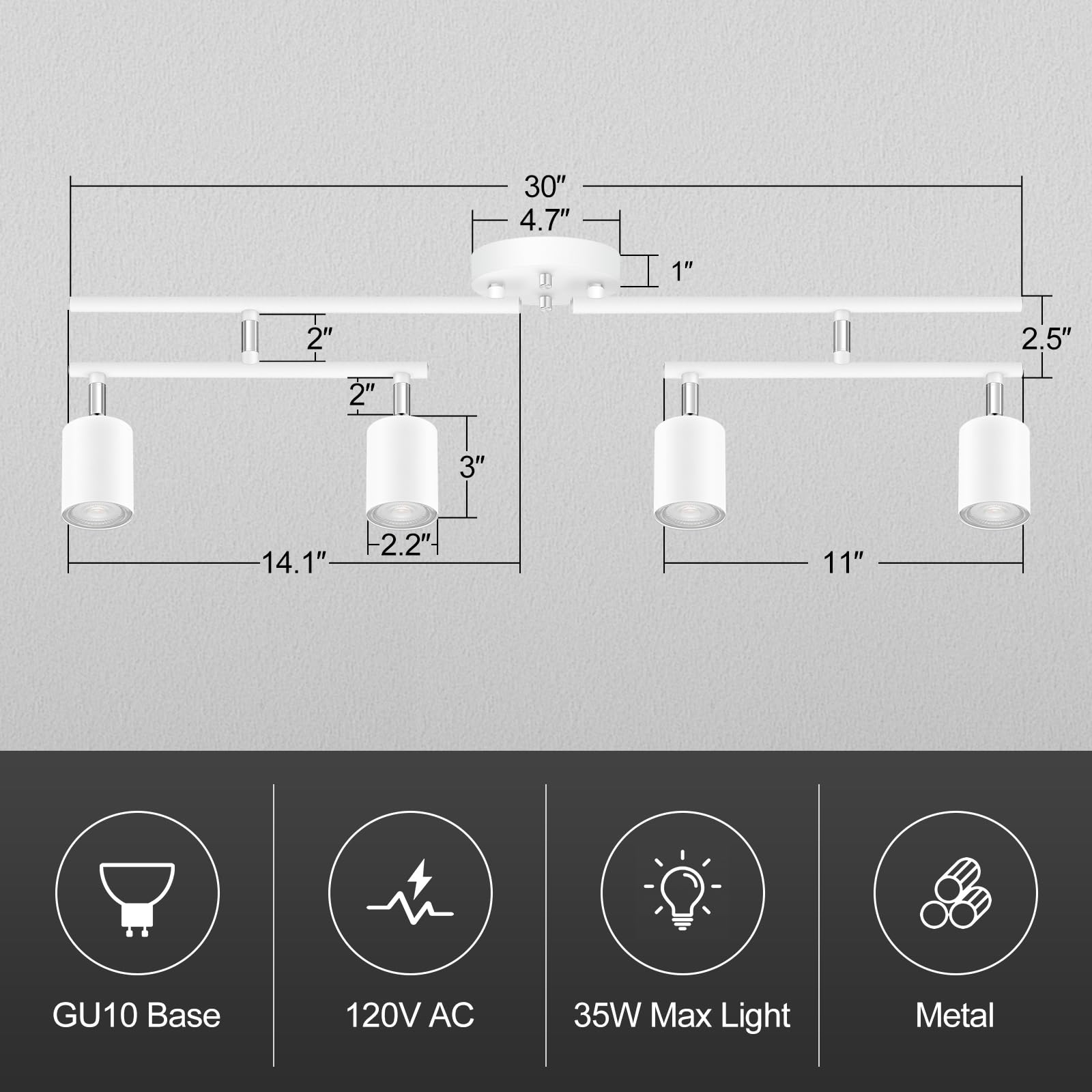 Track Lighting Fixture Ceiling, White Track Light For Kitchen, Modern 4 Light Track Lights Kit, 30'' Ceiling Lighting, Spotlight