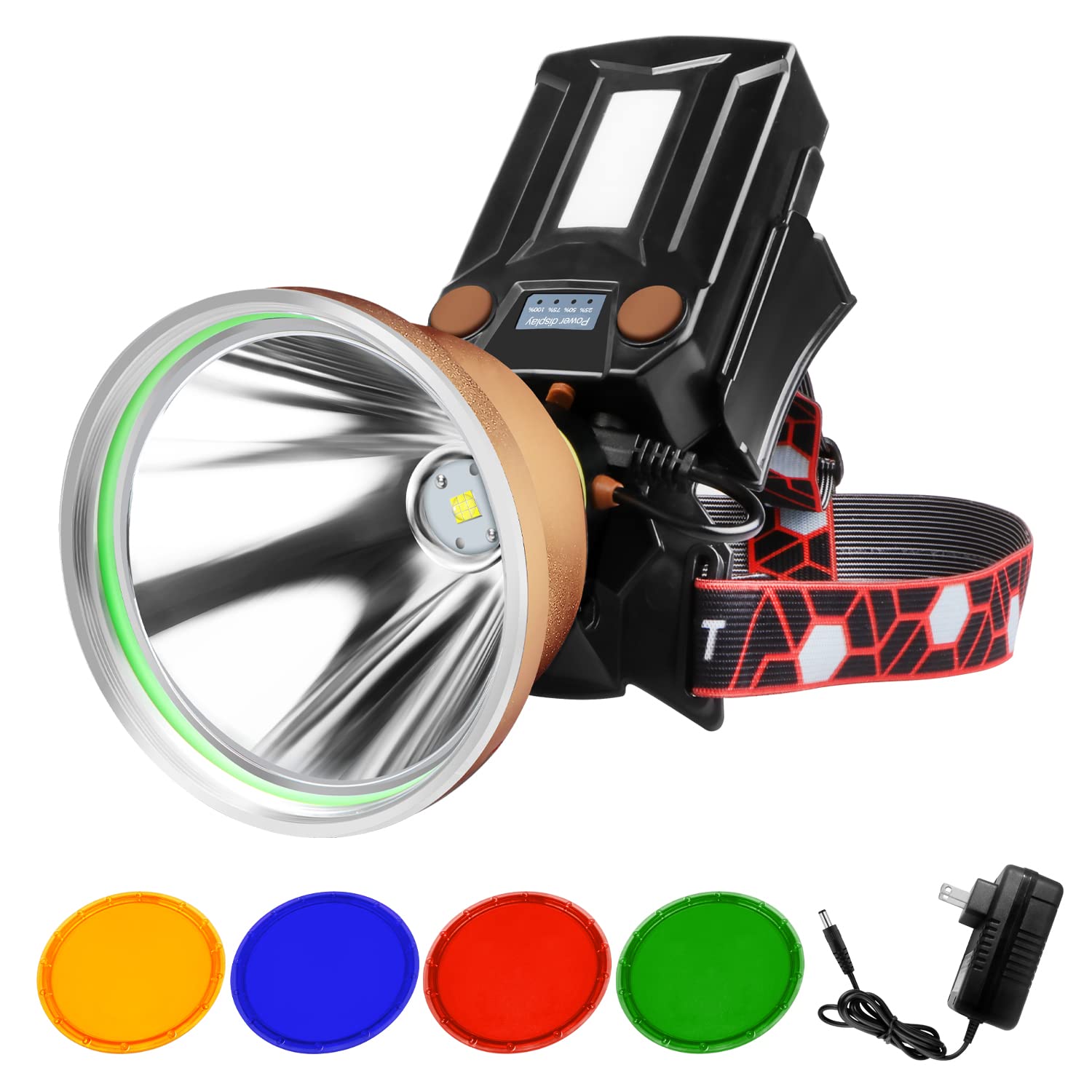PINSAI LED Headlamp - High Power Rechargeable Spotlight, Waterproof, G500 20W, Red