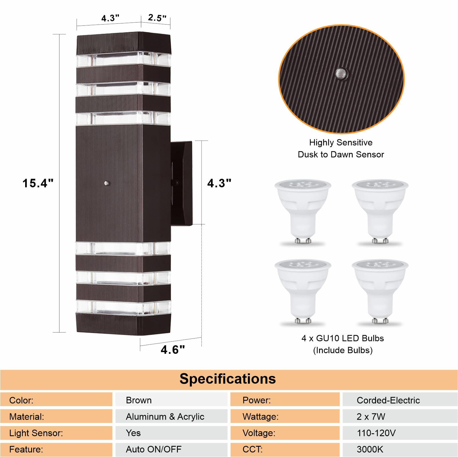 DASTOR Dusk to Dawn Wall Light Fixture, Modern Brown Aluminum Sconce, 3000K, 3 Layer-2Pack, Model DST-240404