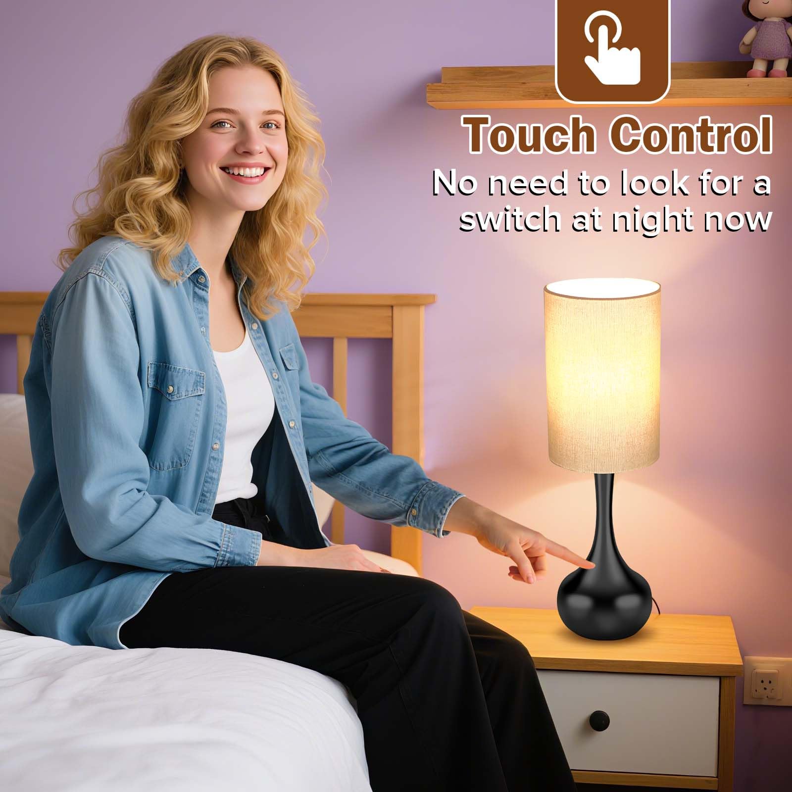 LEDIKON Touch Control Bedside Lamp,3-Way Dimmable,Modern Black Table Lamp, Space Saving Small Nightstand Lamp for Bedroom, Livin