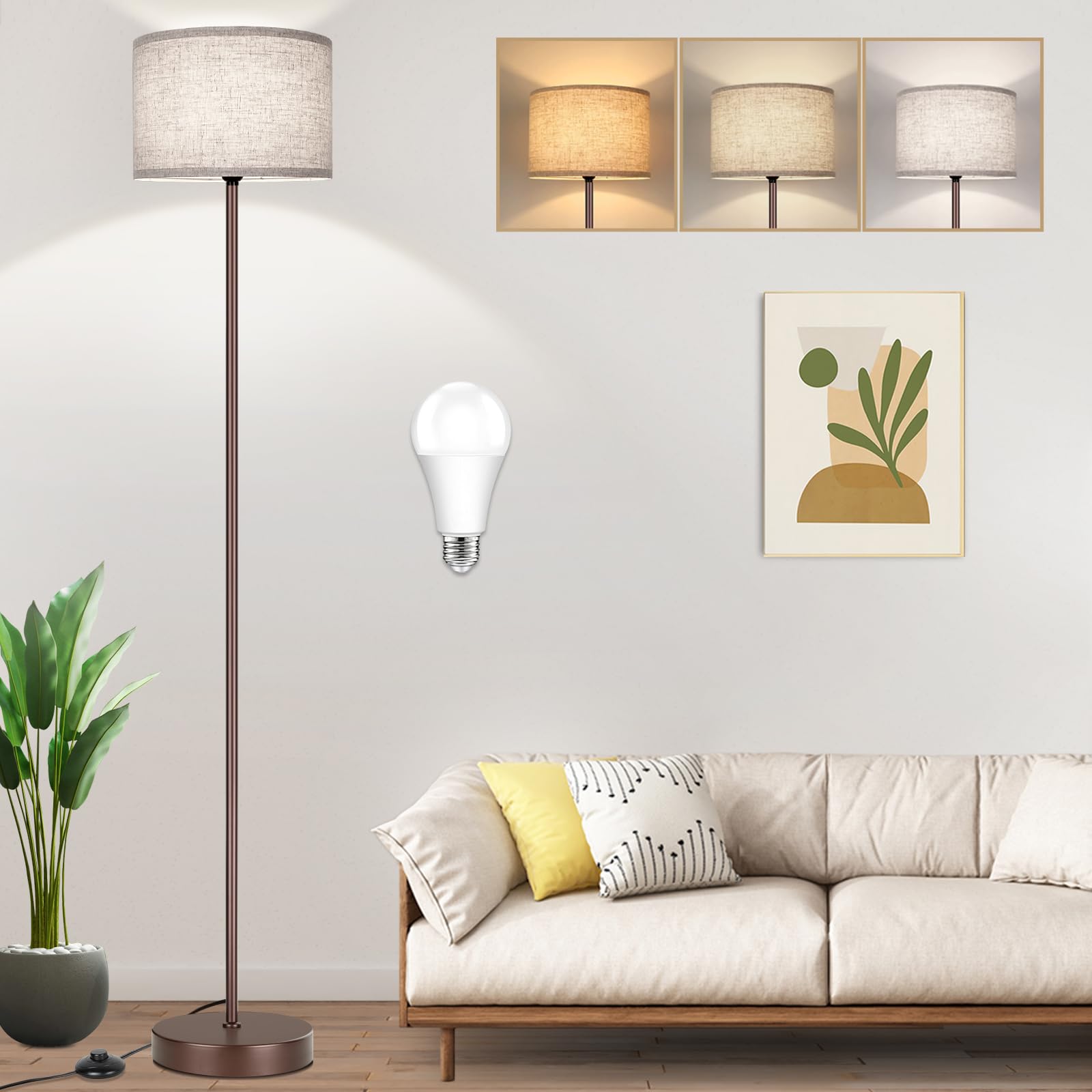 Simple Design Floor Lamp with 3CCT 9W LED Bulb, 65? Modern Industrial Standing Lamp for Living Room with Foot Switch, Tall Lamp 