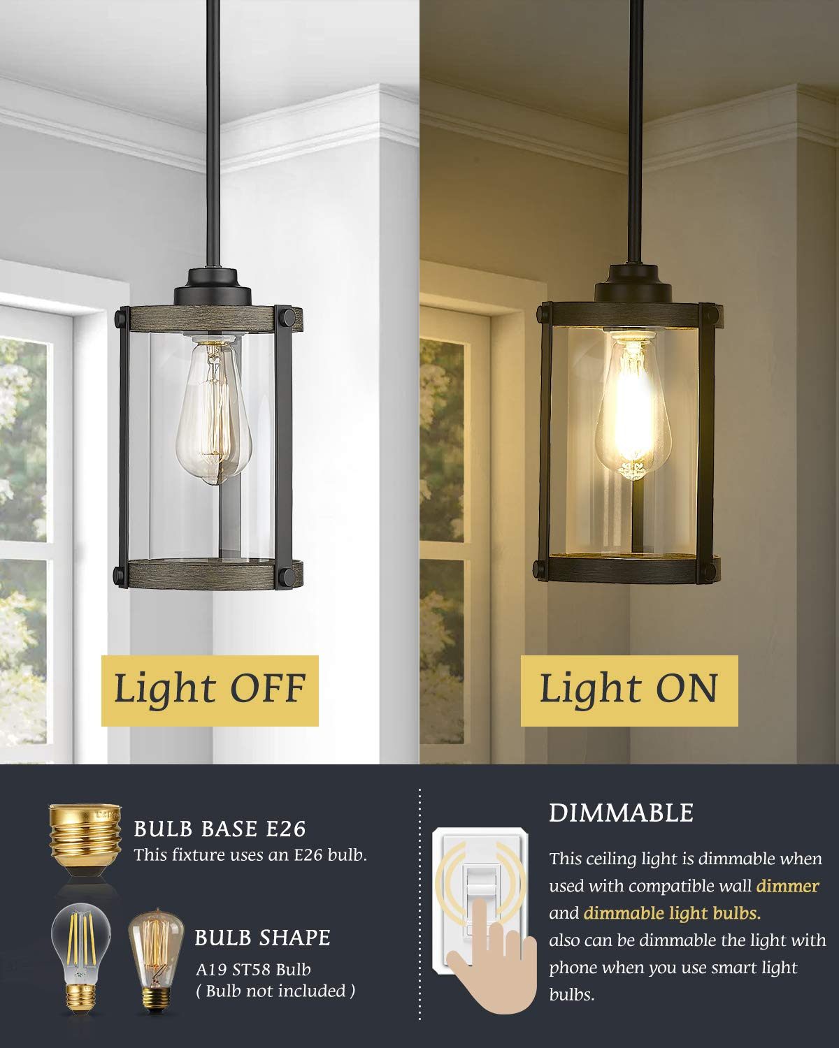 Osimir Farmhouse Pendant Light Fixtures, 1-Light Black Glass Pendant Lights For Kitchen Island, Industrial Rustic Mini Hanging L