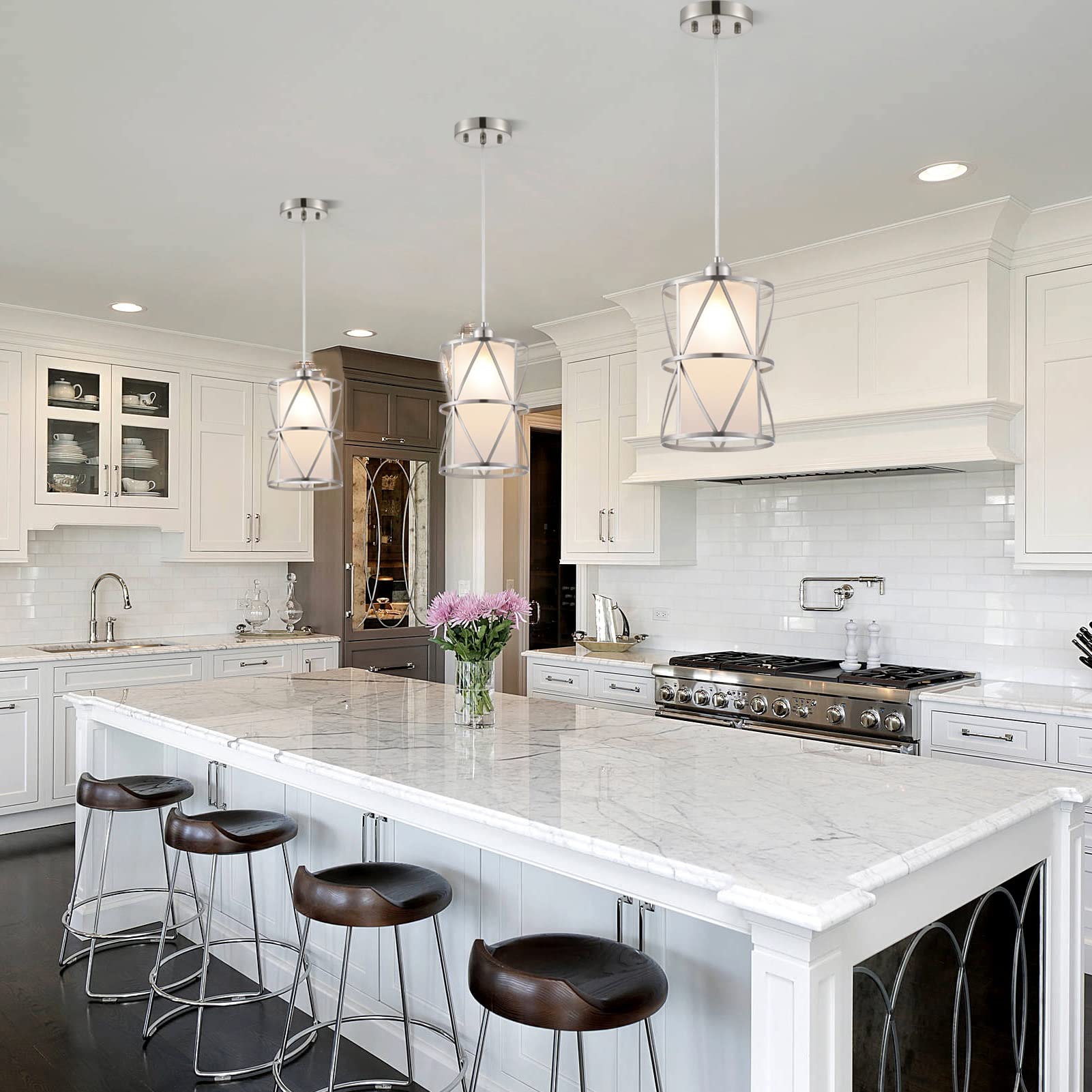 Zlierop Modern Pendant Light With Frosted Glass, Brushed Nickel Hanging Kitchen Lights, Cylindrical Pendant Lights Kitchen Island, Kitchen Pendant Lighting Over Island, Foyer, Dining Room, Entryway