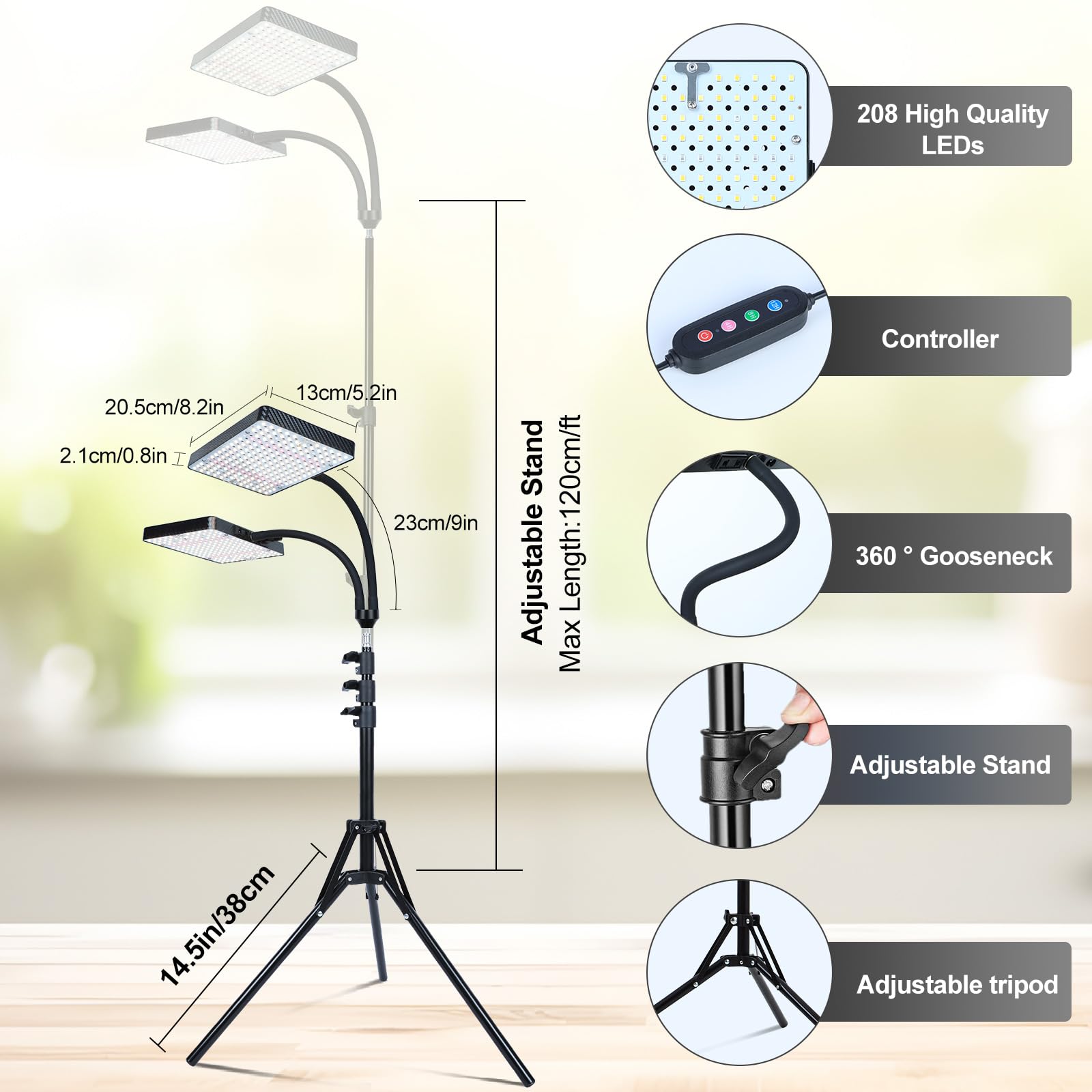 Orchbloom Grow Light with Stand, 50W Full Spectrum Plant Lamp, 2 Head, Black, Model Zinqolay