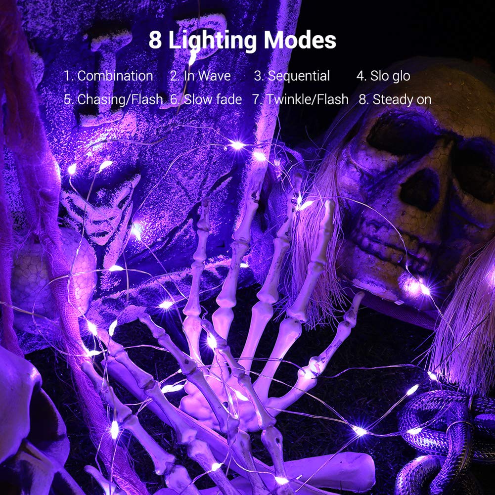 BrizLabs Purple Halloween Lights, 19.47ft 60 LED Battery Halloween Lights, 8 Modes Purple Fairy String Light with Remote, Waterp