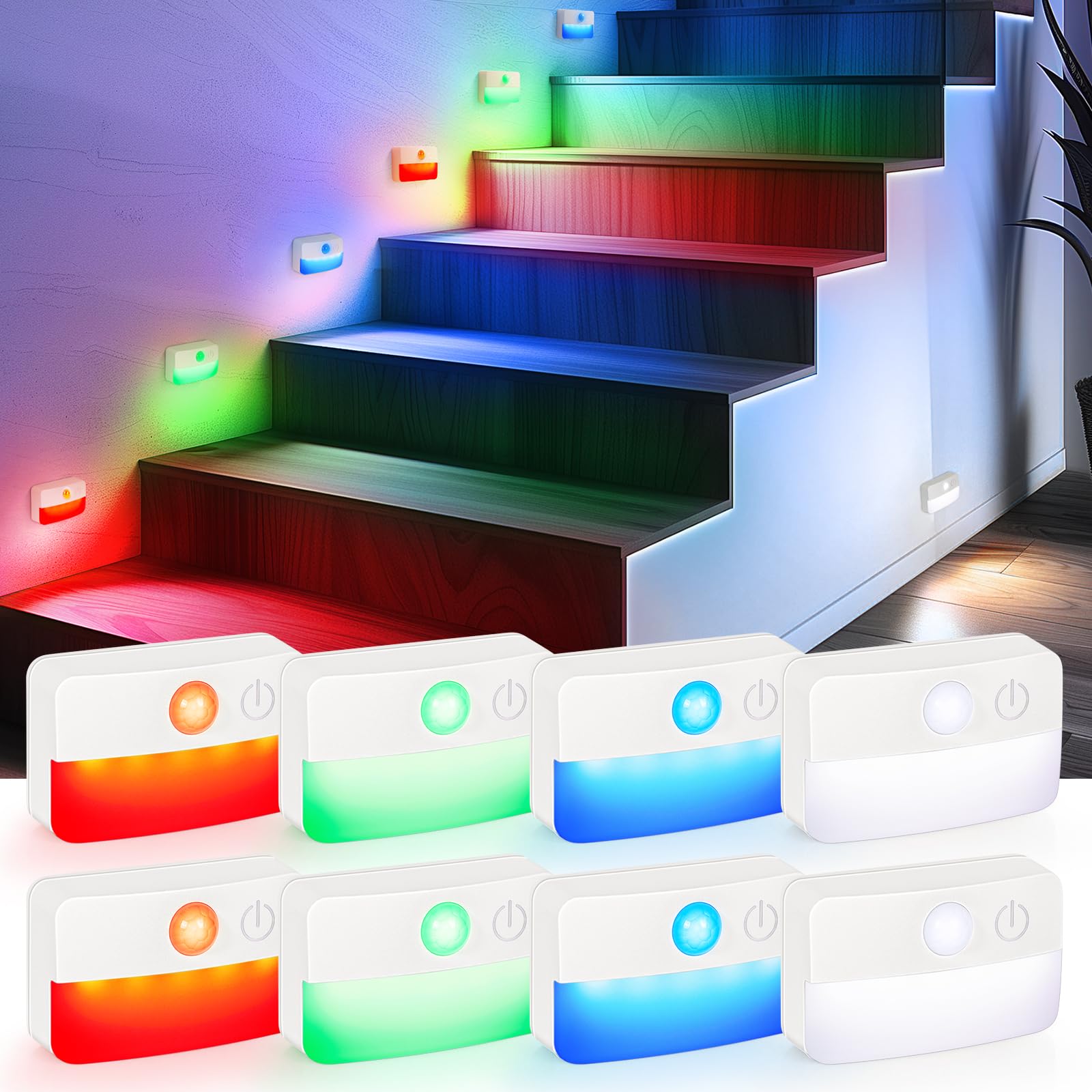 Guankai 3 Pack Motion Sensor Stair Lights For Indoor  Wireless Rgb Battery Operated Night Light  Led Stick On Hallway Closet Under Cabinet Step Portable Lamp For Bedroom Kitchen Bathroom