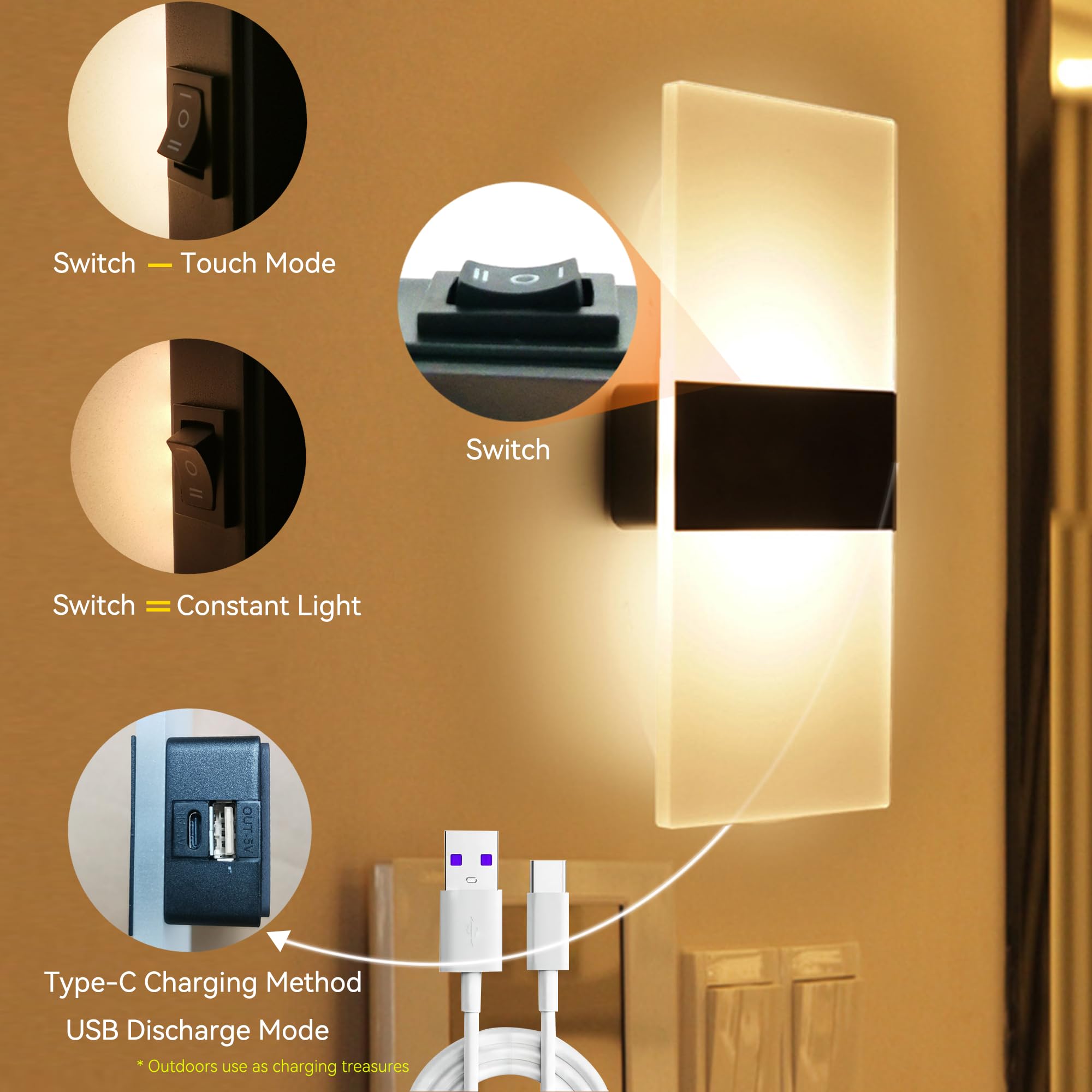 FelRelWel Rechargeable LED Wall Sconces, Modern Acrylic Touch Control, Warm Light, Cordless Design, 2 PCS