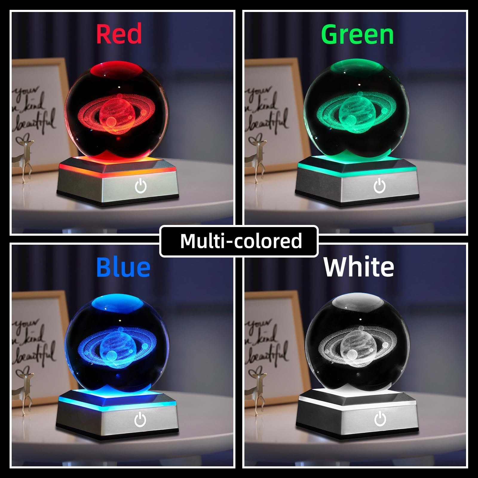 3D Saturn Crystal Ball Night Light 3.15 Inch Glass Ball Table Lamp With Color Changing Touch Base Decor Ideal Saturn Gifts For F