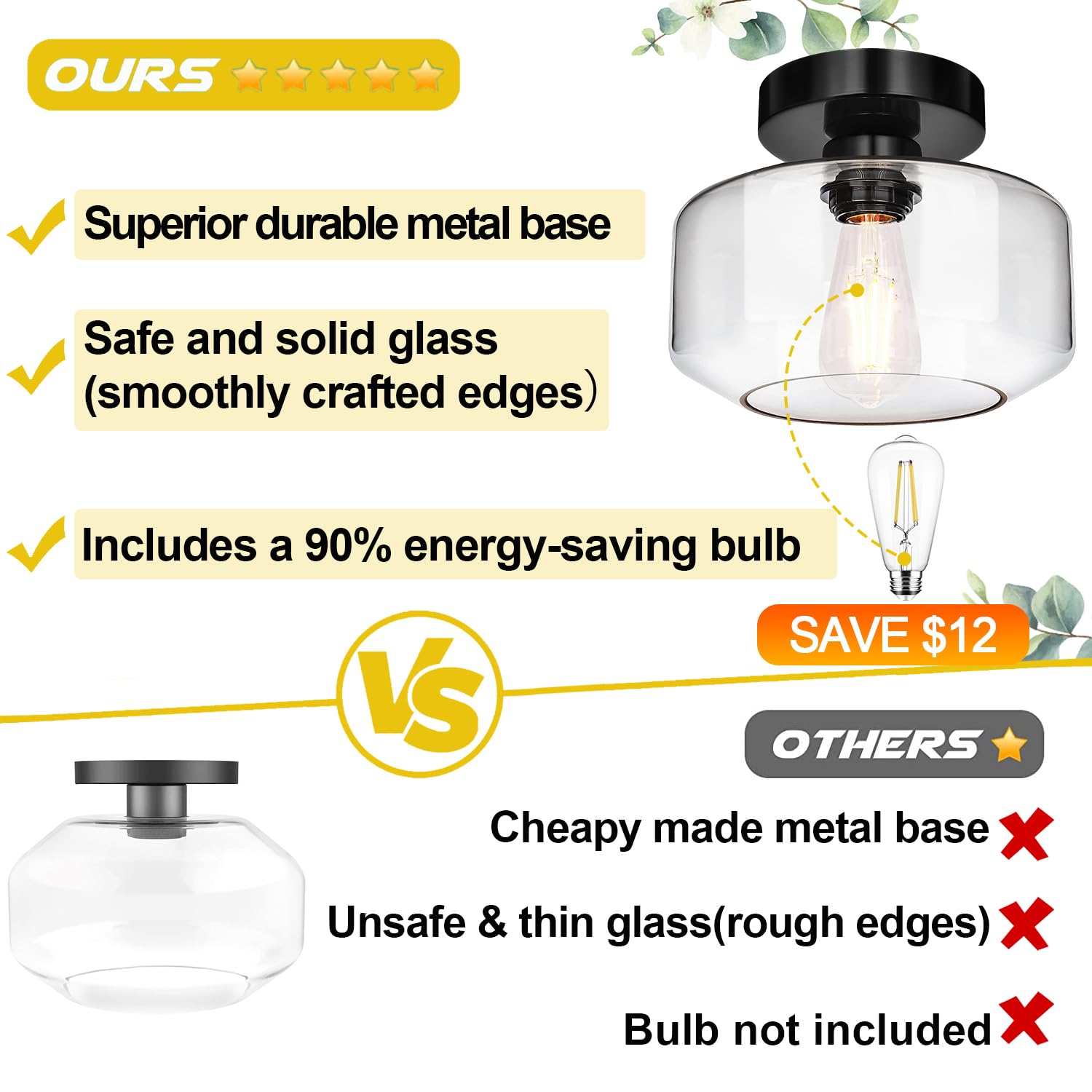 Lynnoland Industrial Black Chrome Semi Flush Mount Ceiling Light With 800 Lumen Led Bulb