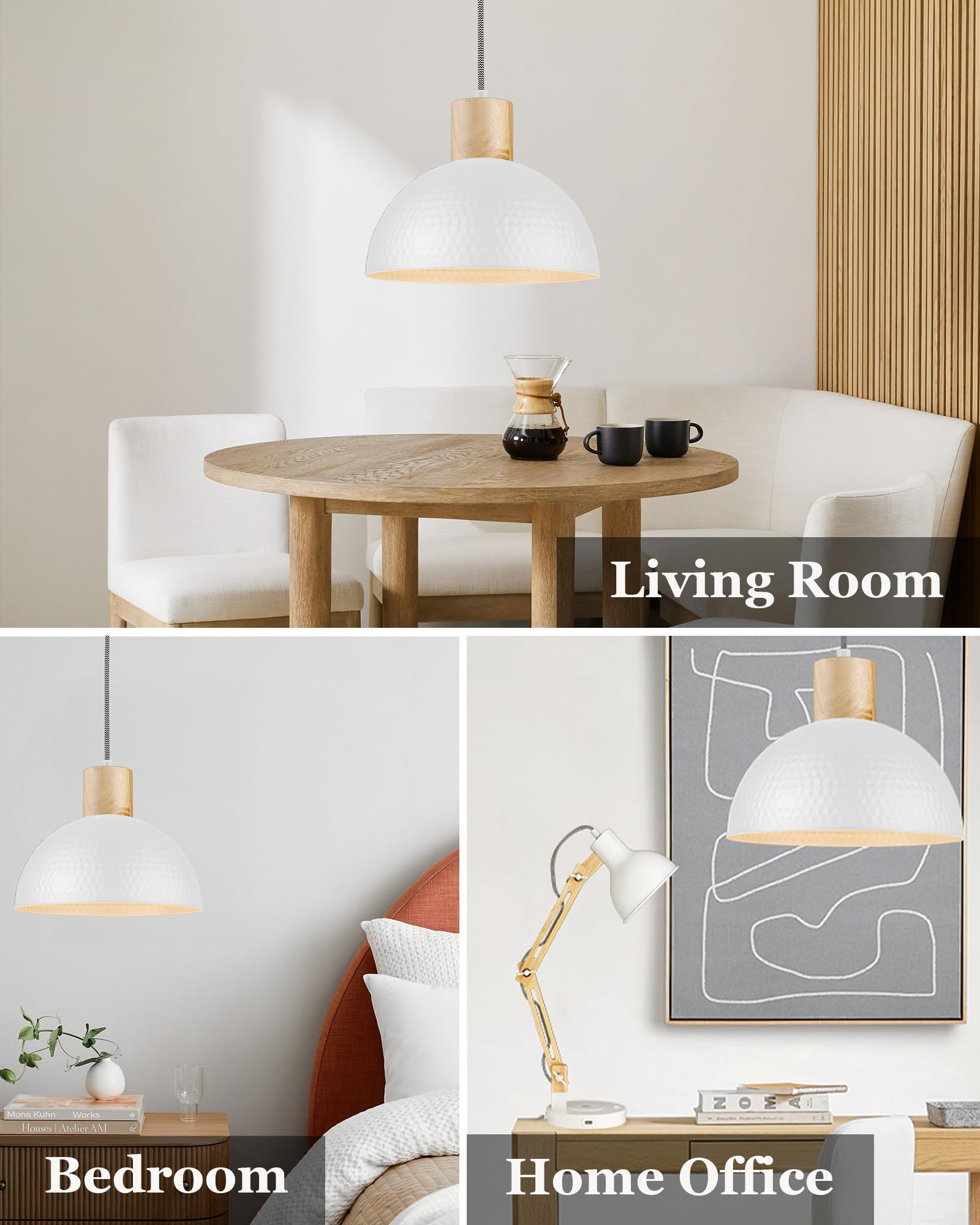 ELYONA Hammered Pendant Lights - 12" Modern Metal Dome, White - 2 Pack, Ideal for Kitchen Island, Dining Room, Hallway, Model 38020769