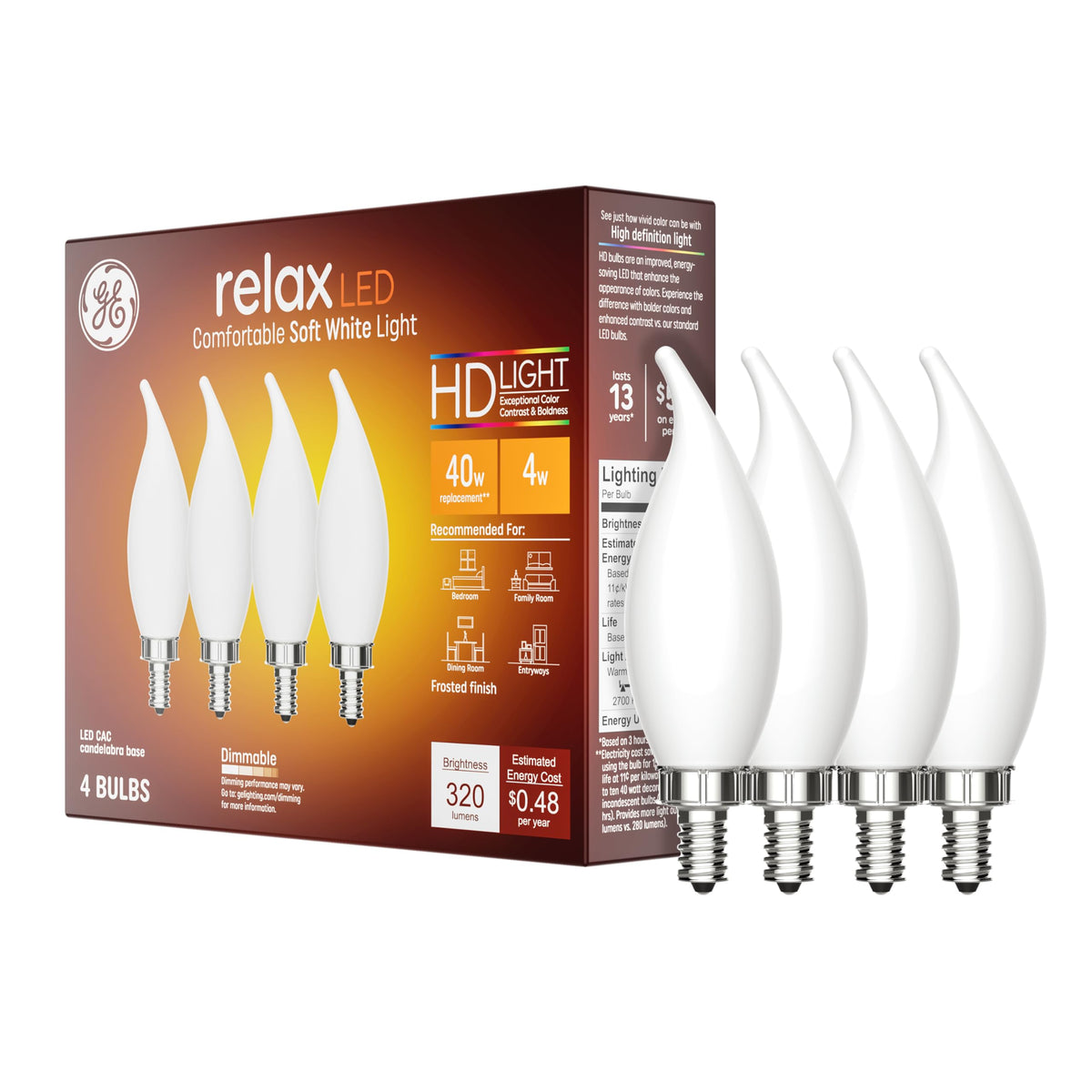 Ge Relax Led Light Bulbs, 40 Watt, Soft White Candle Lights, Decorative Light Bulbs, Frosted, Small Base (36985), 4 Bulbs