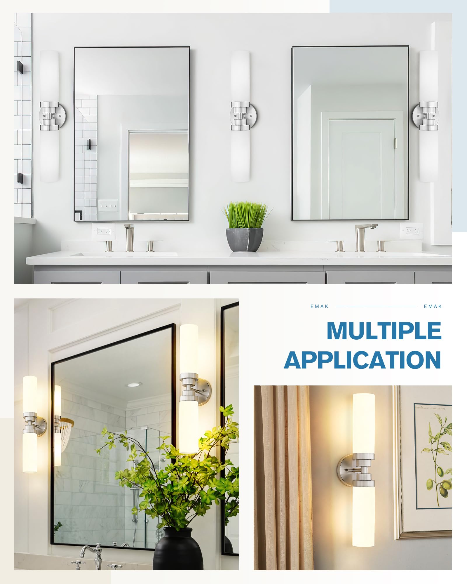 Emak 2-Light Bathroom Vanity Light Fixtures, 22" Brushed Nickel & Milk Glass, Model VL085-BN-ML-2, Ideal for Indoor Use