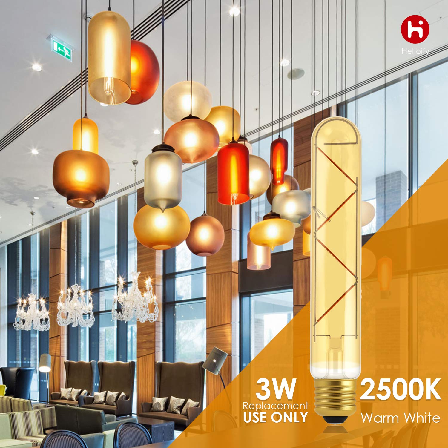 Helloify T10 Dimmable Vintage Led Edison Tubular Bulb, 40W Equivalent, High Brightness, Warm White 2500K, Amber Glass, Tube Cove