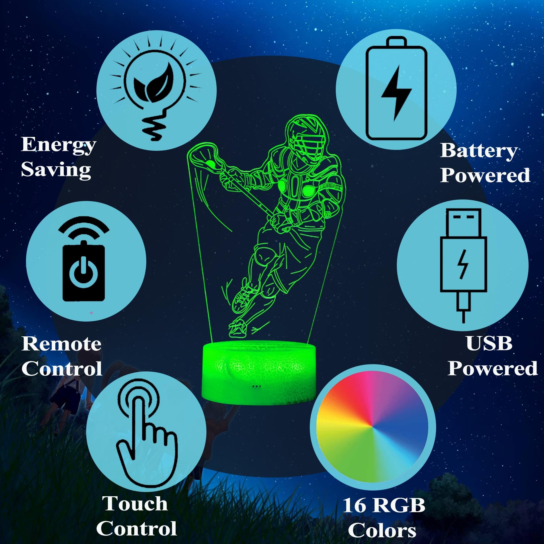 POSSHE Lacrosse Night Light with Remote Control, 16 Colors, Dimmable, Model MY-3D LAMP-CRACK, Perfect Gifts for Men and Boys