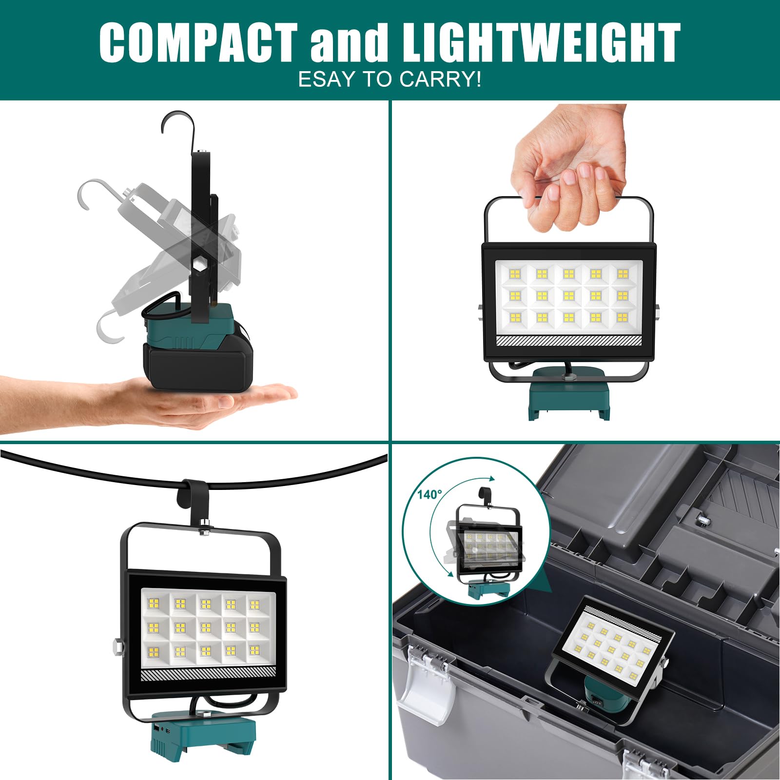 T-SUNiceM Cordless LED Work Light, 60W 6000LM, Dark Green, Model TS-F0430-60-MT, USB & Type-C Charging, 140°