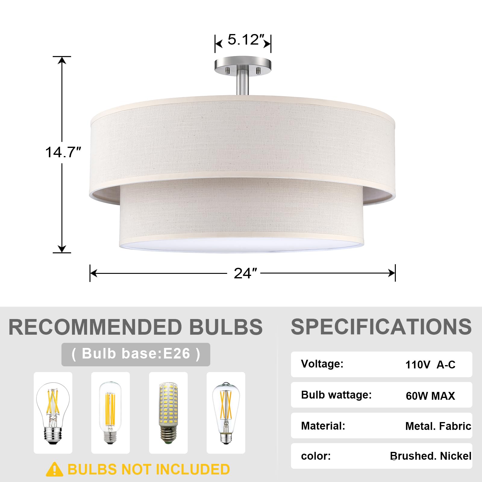 Dolaimi House 5-Light Semi Flush Mount Ceiling Light, 24" Brushed Nickel with Cream Linen Shade, Model B111D5BN, for Bedroom & Living Room