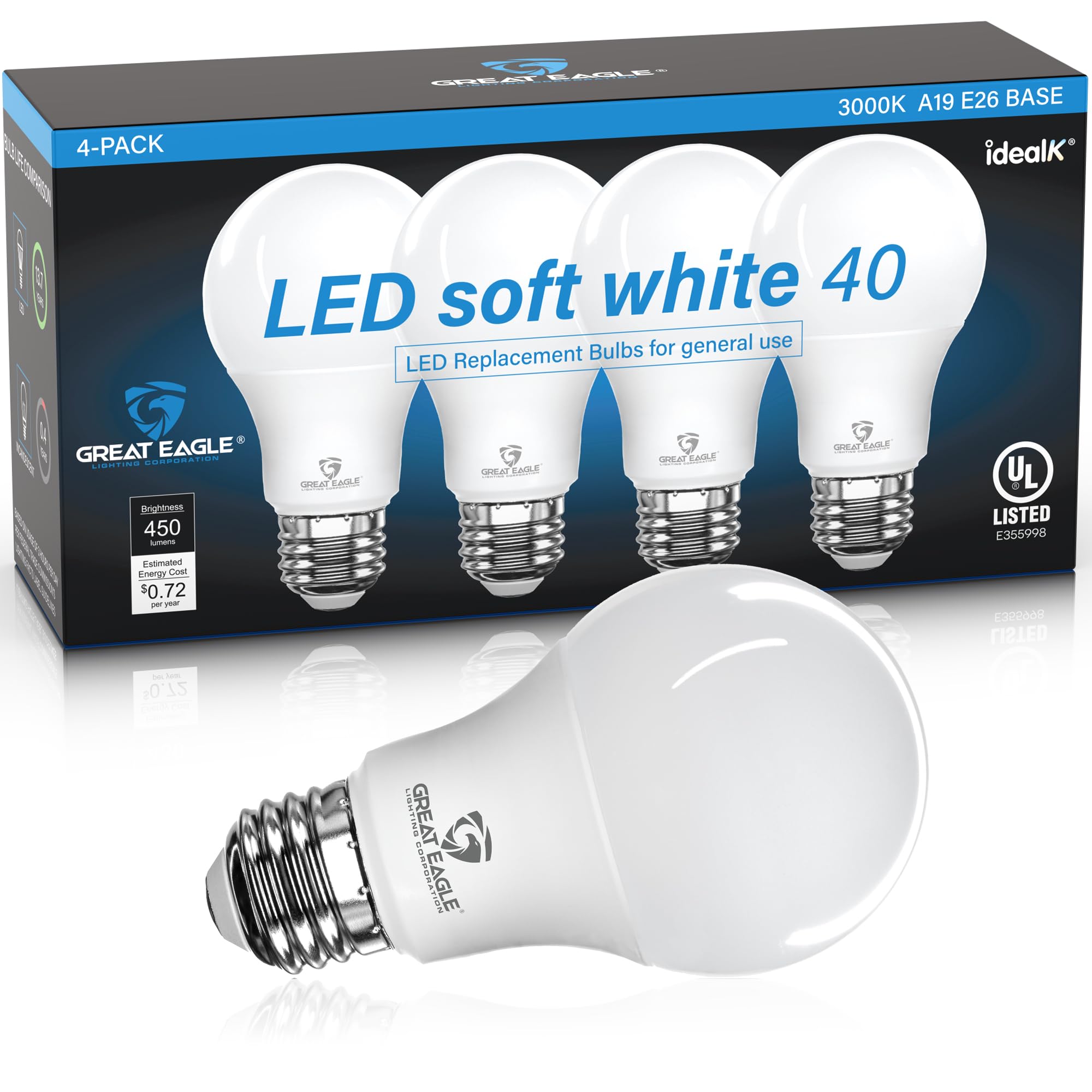 Great Eagle A19 Led Light Bulbs 40 Watt Equivalent - Ul Listed - 3000K 40 Watt Led Light Bulbs Soft White, Non Dimmable, Standar