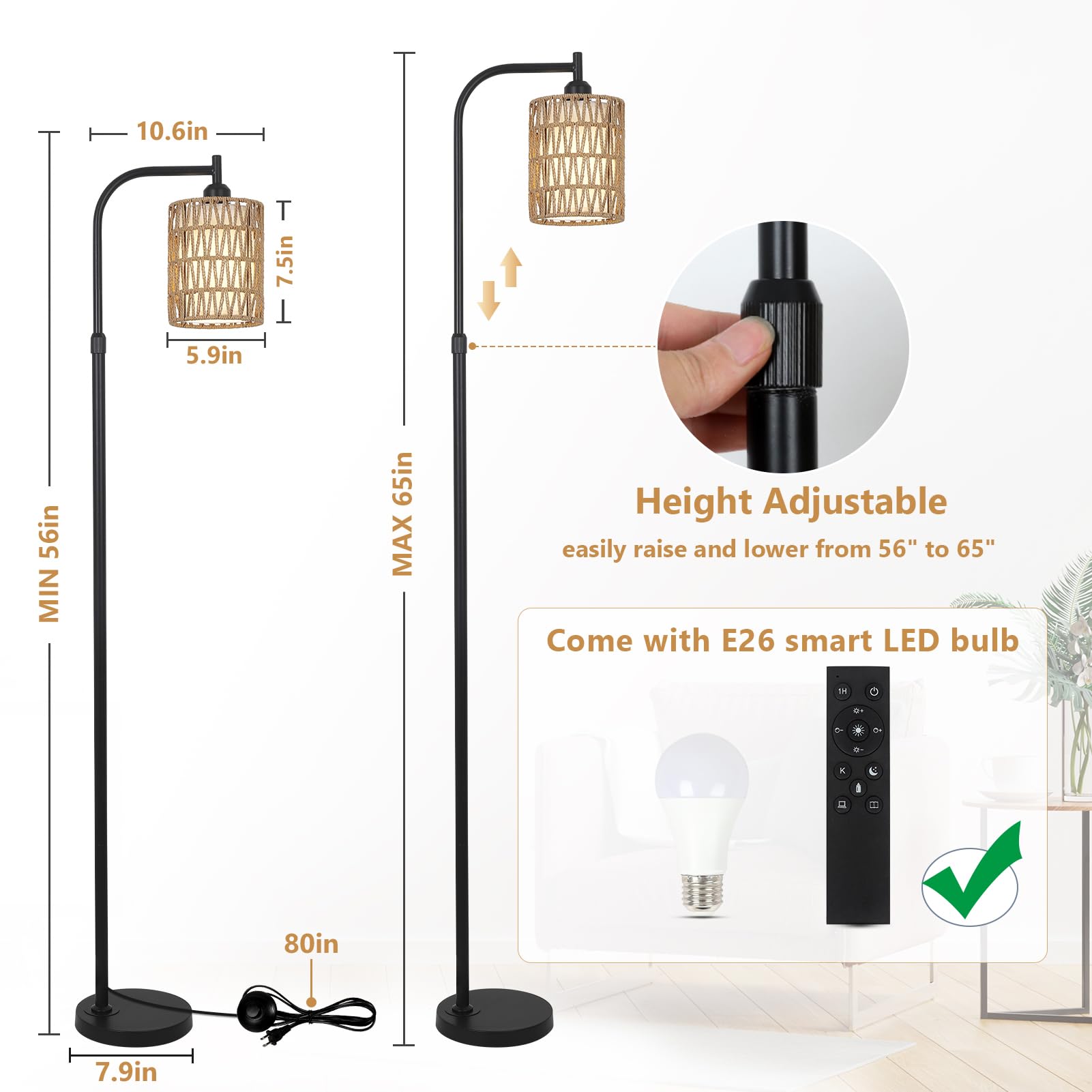 Lamsu Floor Lamp With Remote, Dimmable Rattan Floor Lamp With Led Bulb, Industrial Black Tall Pole Lamp With Rattan & Fabric Sha