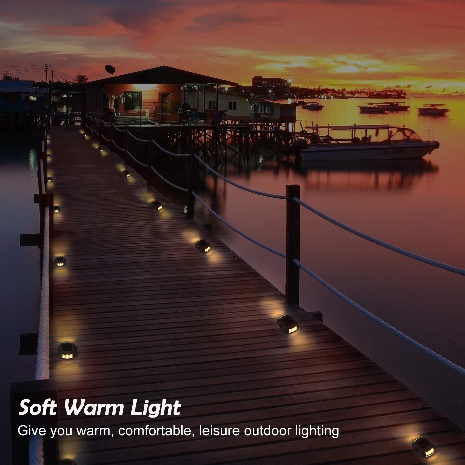 JACKYLED Solar Dock Lights 12 Pack, IP68 Waterproof LED Deck Lighting, Metal, Warm White