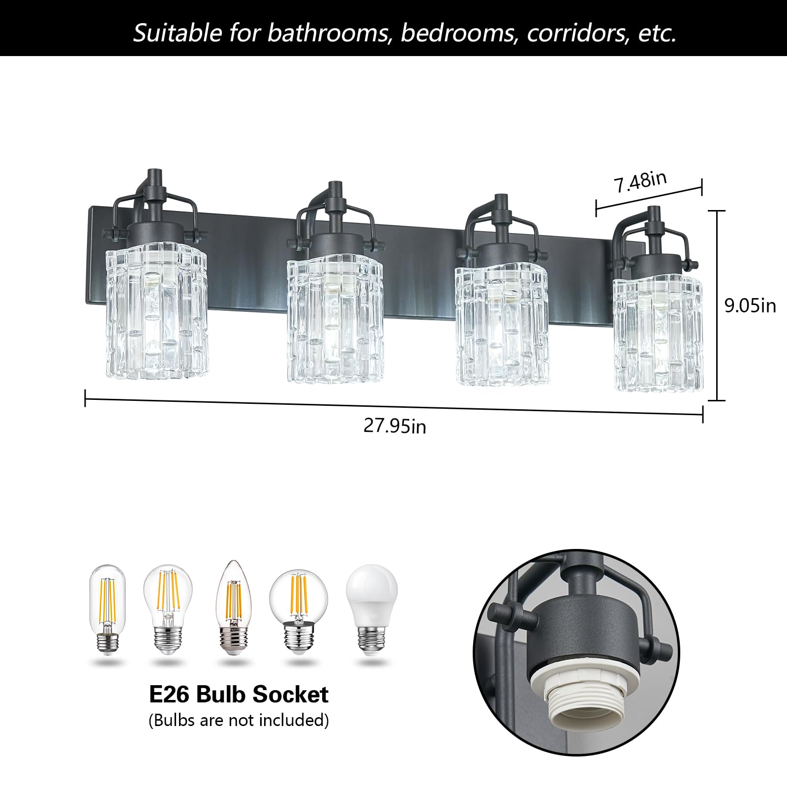 BNHHLZ Modern 4-Light Vanity Light - Black Metal Fixture with Crystal Glass Shade, Model 4132