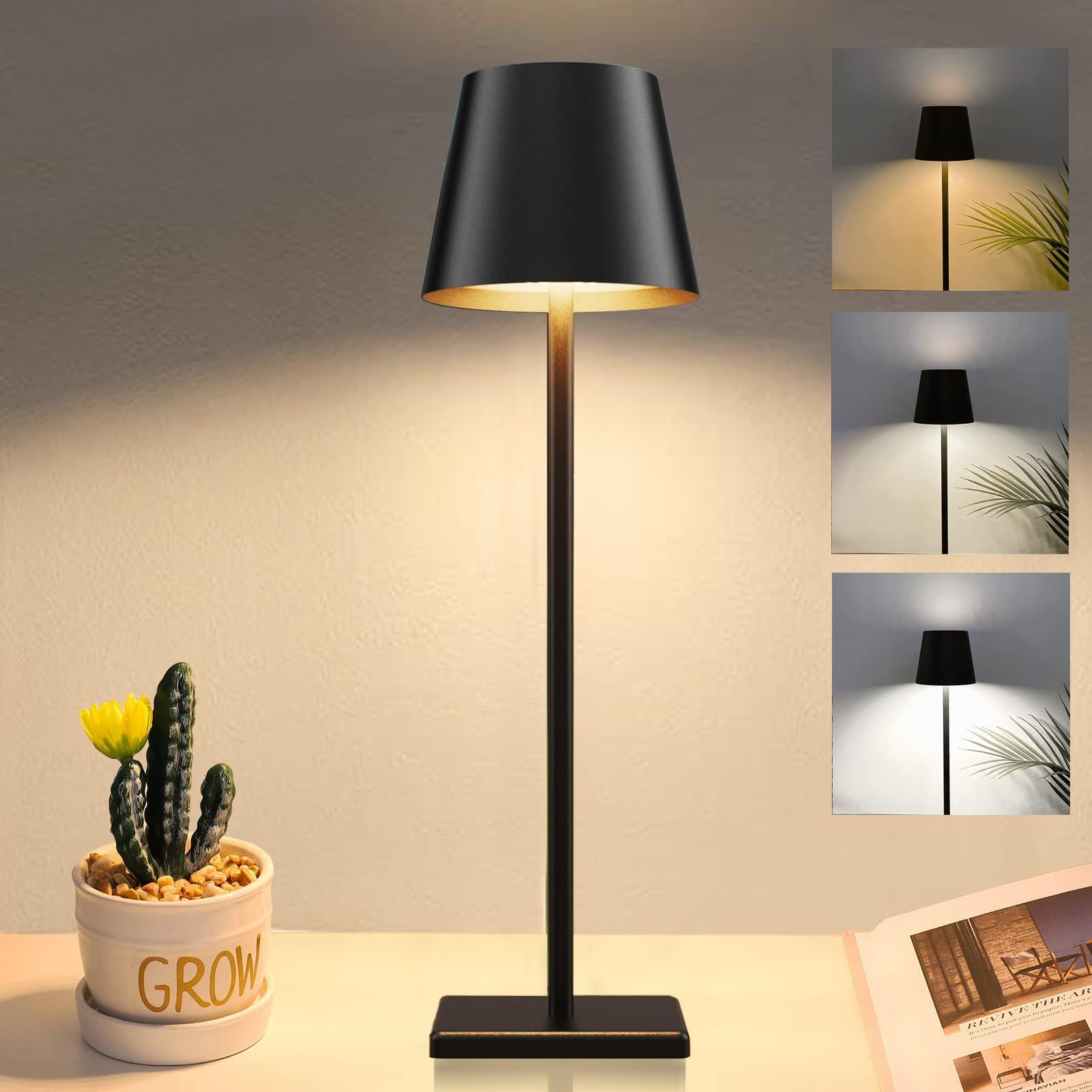 Nerefou Cordless Table lamp, 5200mAh Battery Operated Lamp,3 Color Stepless Dimming Desk Lamp, IP54 Waterproof Outdoor Table Lam