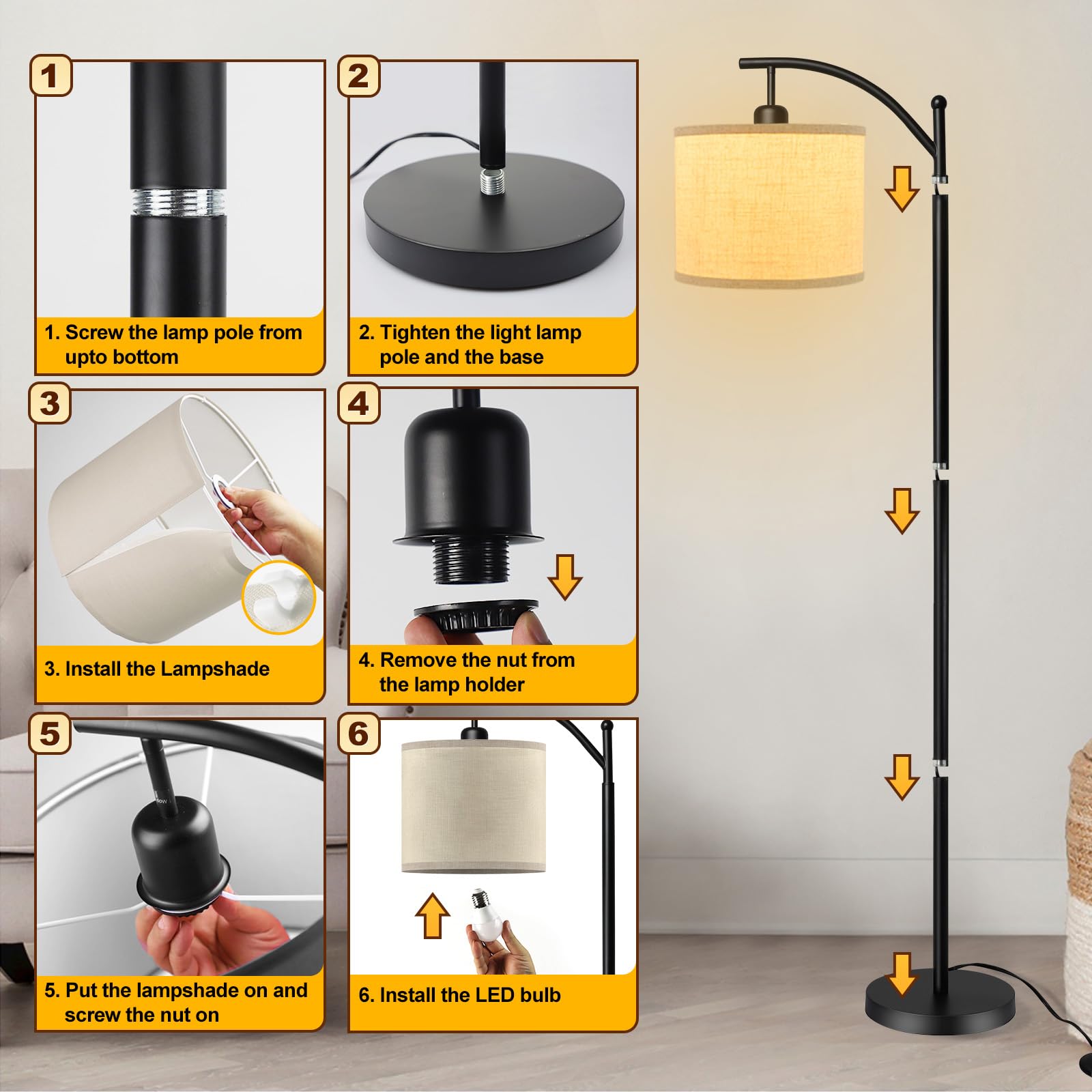 DINGLILIGHTING Modern Arc Floor Lamp, Industrial Metal Reading Light, 1 Light, Black with Flaxen Shade, Model WS-MNF1-60B