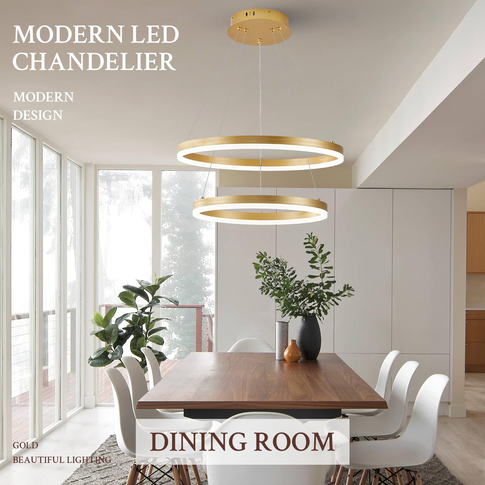 Sparklelf LED Chandelier Pendant Light, 2 Rings, Metal, Gold, Remote Control, 3000K-6500K, Modern Flush Mount for Bedroom, Living Room, Dining Room