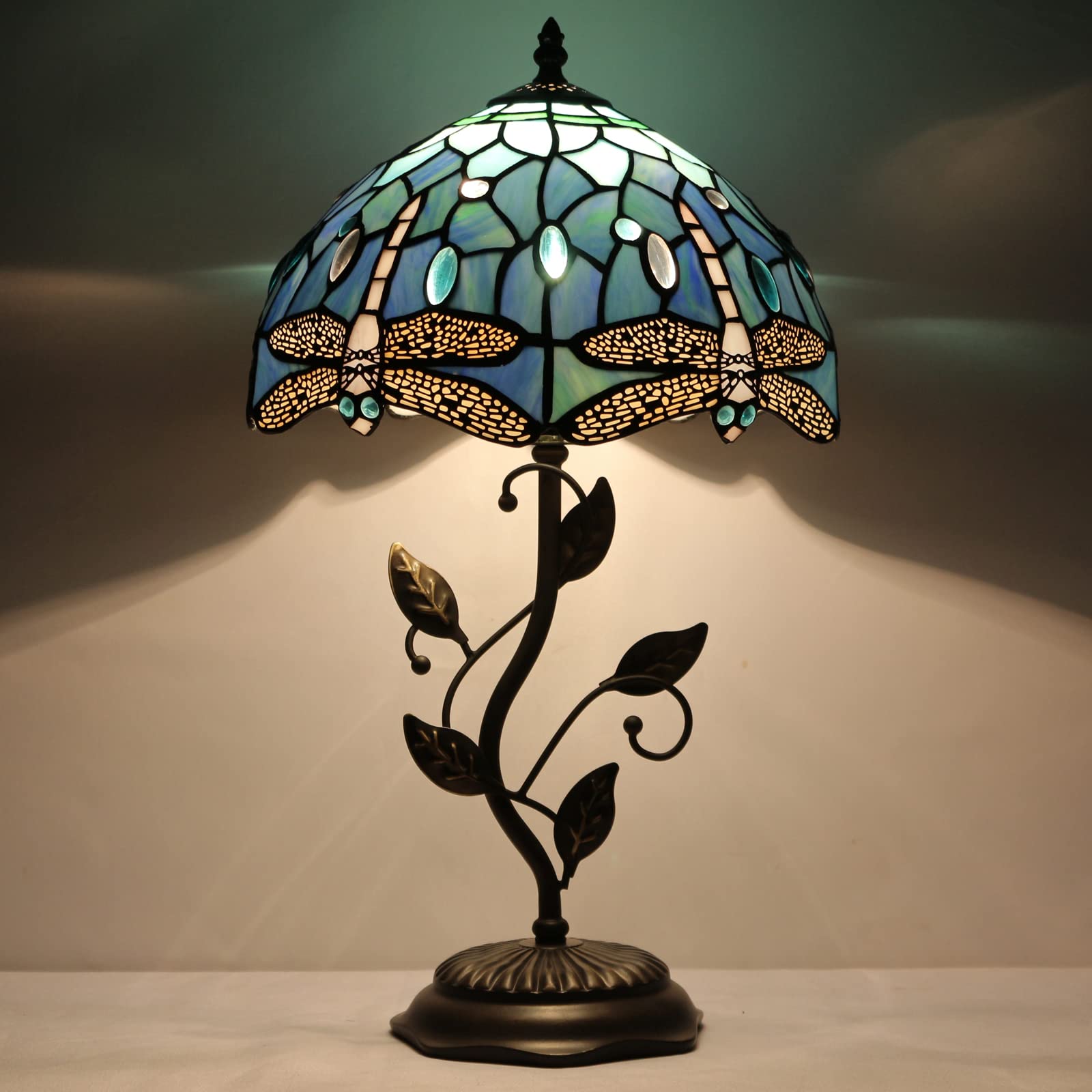 AVIVADIRECT Tiffany Lamp Blue Dragonfly Style Stained Glass Table Lamp Desk Bedside Reading Light 12X12X19 Inches with Metal Lea