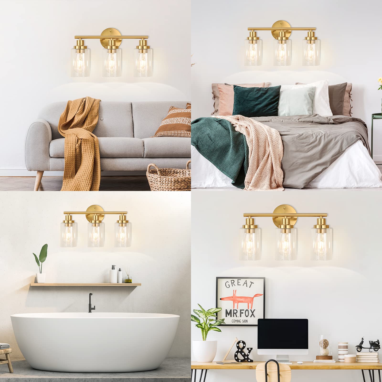 Apenath Brushed Brass 3-Light Bathroom Wall Sconce with Clear Glass Shade, Modern Farmhouse Style
