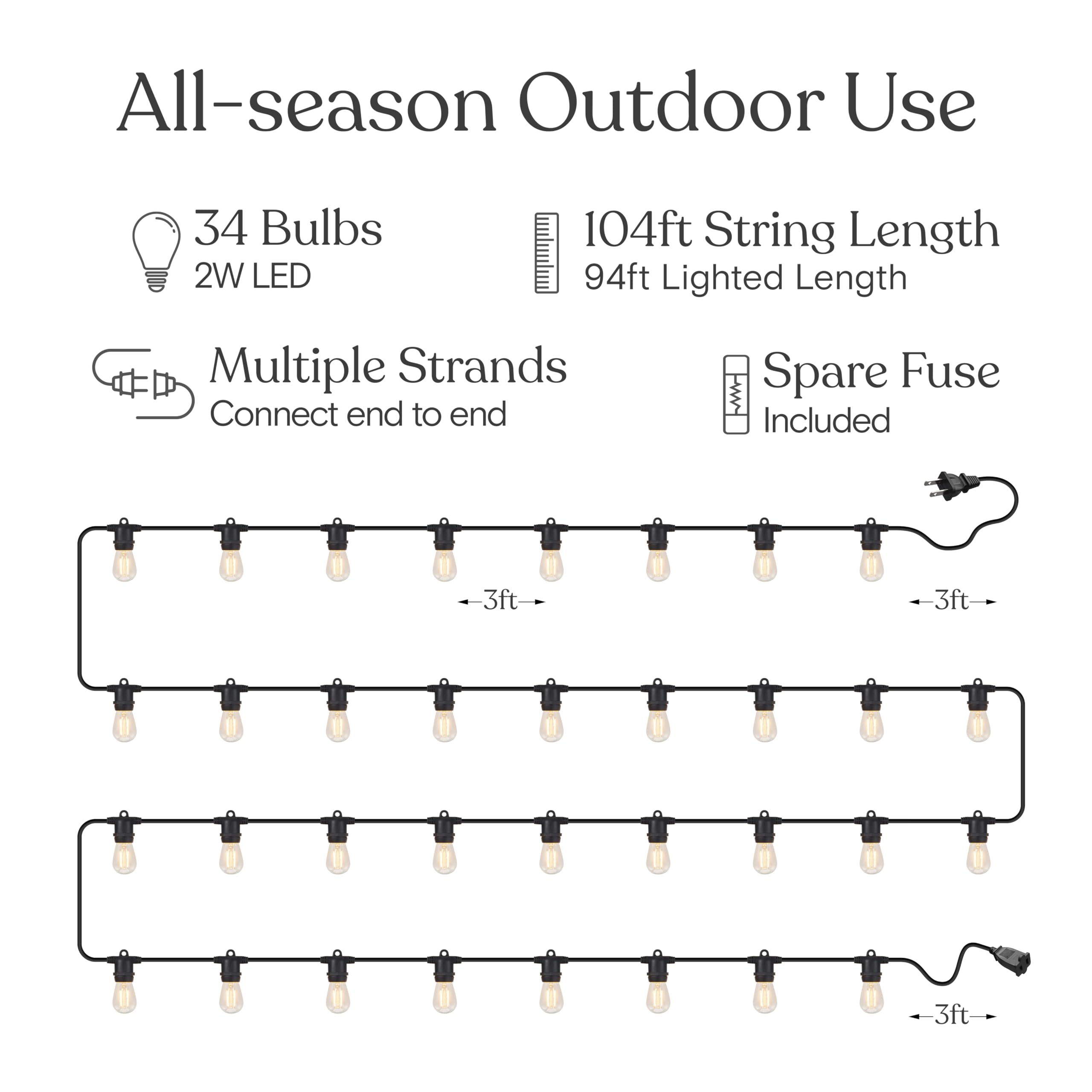 Brightech Ambience Pro 105Ft Led String Lights - 1W Commercial Grade Patio Lighting Outdoor Waterproof - Heavy Duty Dimmable Vintage Edison Porch Lights For Outside  Backyard - 34 Bulbs  Soft White