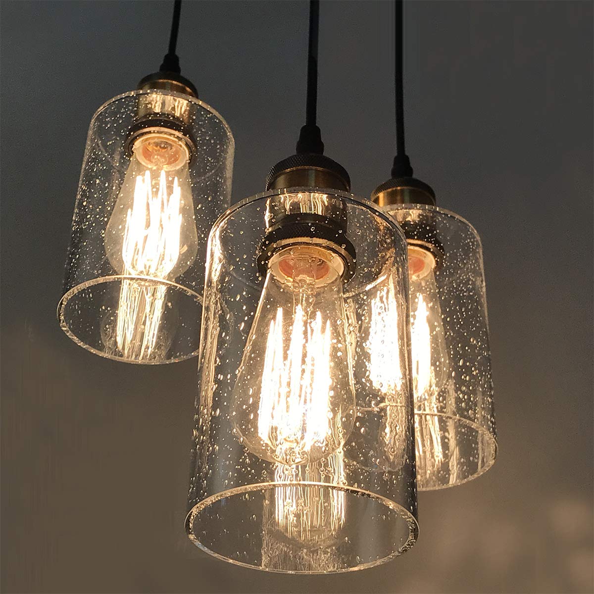 VILUXY 3-Light Pendant Light, Modern Farmhouse Chandelier, Seeded Glass Shade, Black and Gold Finish