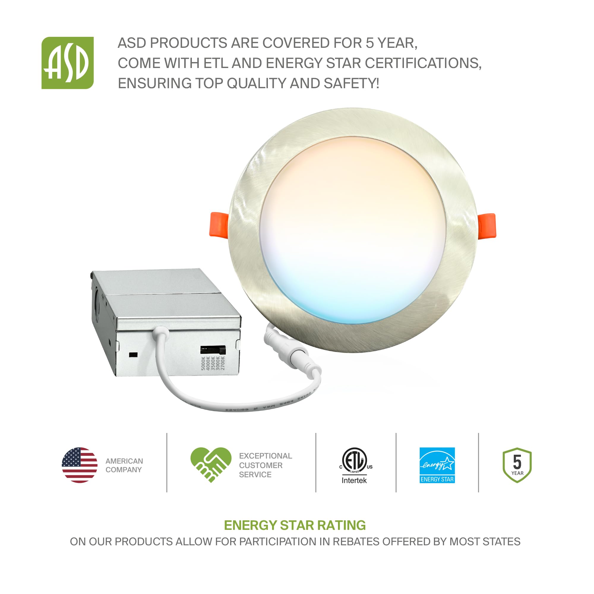 Asd 6 Pack Led Recessed Lighting 6 Inch 12W  5 Cct 2700K-5000K Cri90+  Ic Rated Ultra Thin Dimmable Ceiling Lights With J Box  Canless Wafer Downlight  Round Slim Panel Light  Energy Star Etl  Nickel