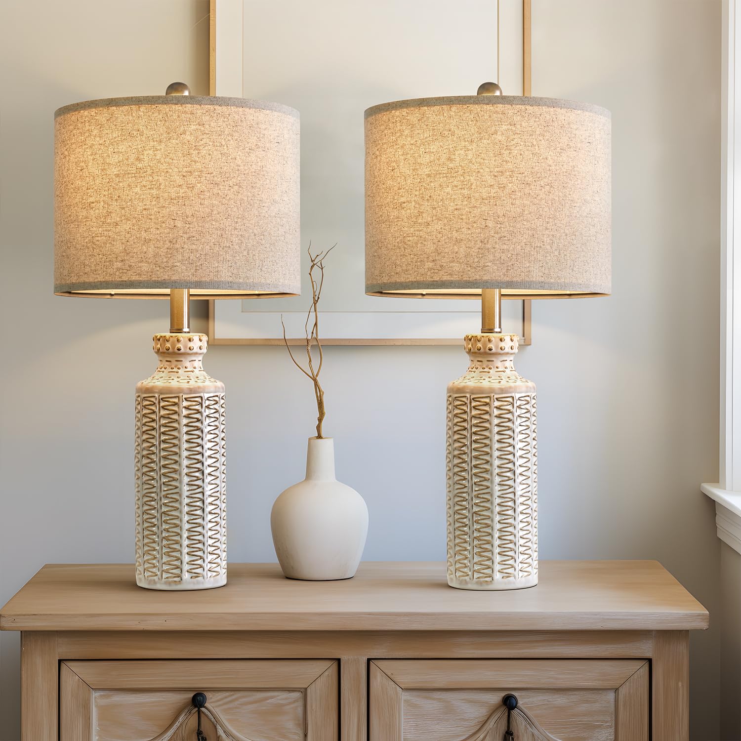 USumkky 24.75'' Farmhouse Ceramic Table Lamp Set of 2 for Bedroom Living Room Vintage Traditional Rustic Modern White Nightstand
