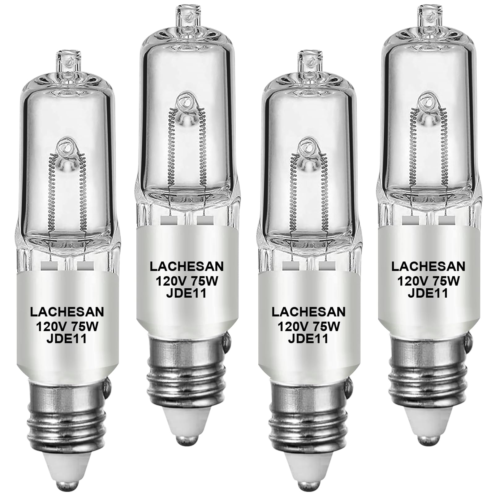 Lachesan JDE11 120v 75w, E11 Halogen Bulb(Replacement E11 Led Bulb) T4 Mini Candelabra Base, 2700K Warm White Dimmable for Chandeliers, Ceiling Fan, Table Lamps, Cabinet Lighting, 4 Pack