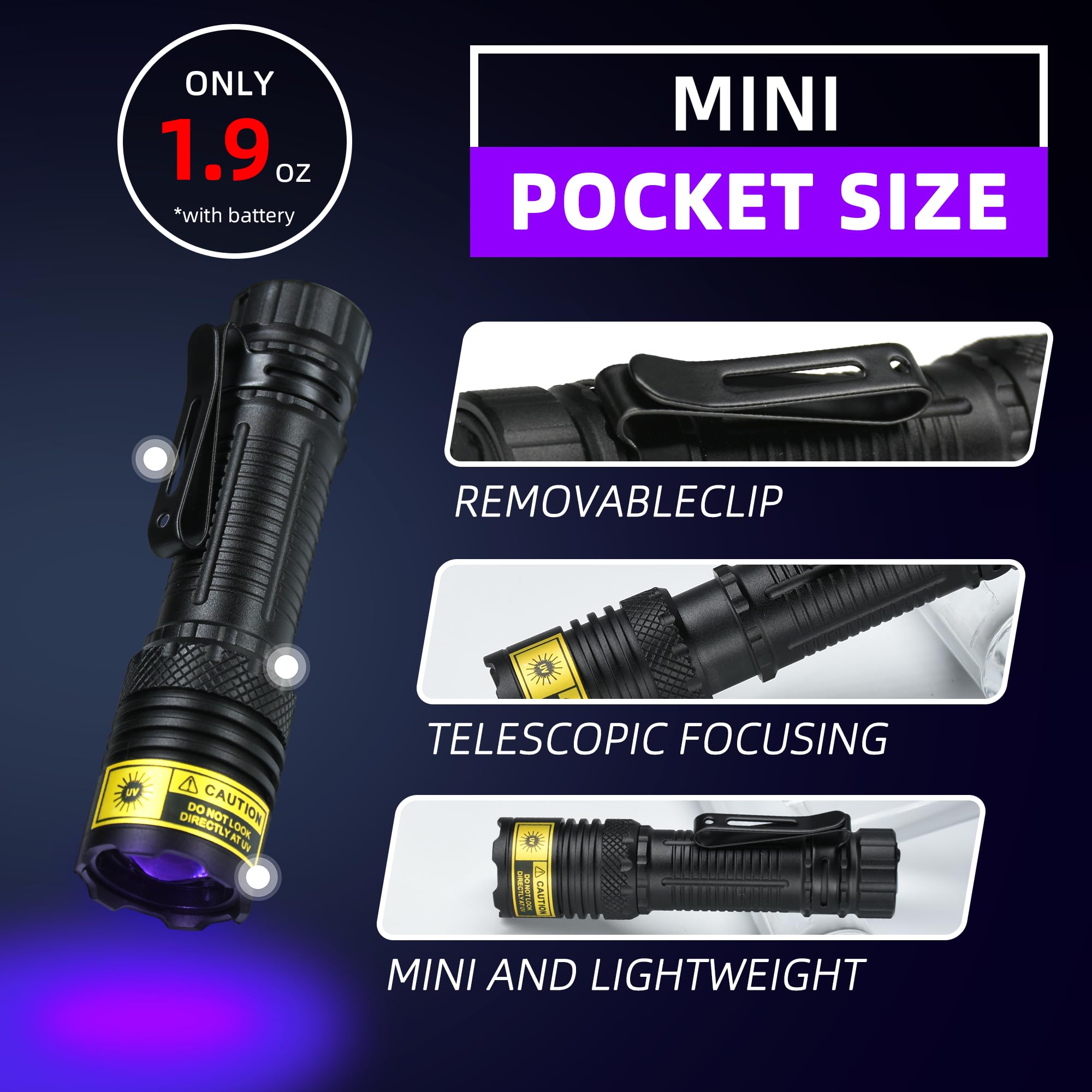 DARKBEAM UV Flashlight 395nm - Mini Rechargeable Blacklight, Focusable, Water Resistant, Model B71-395NM, Ideal for Pet Detection