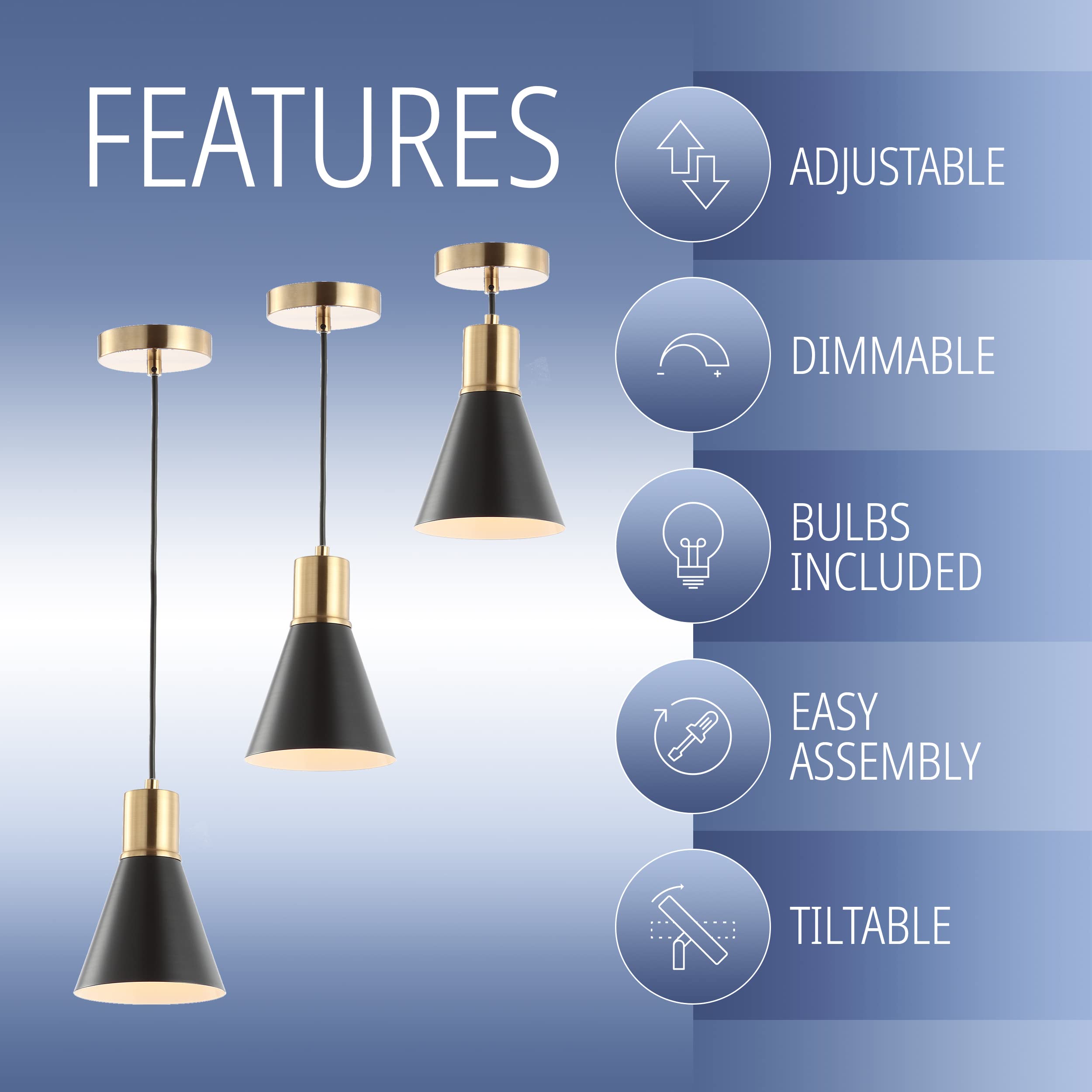 JONATHAN Y Apollo Metal LED Pendant Light, 6in Dimmable Adjustable, Black/Brass Gold, Model JYL6131A